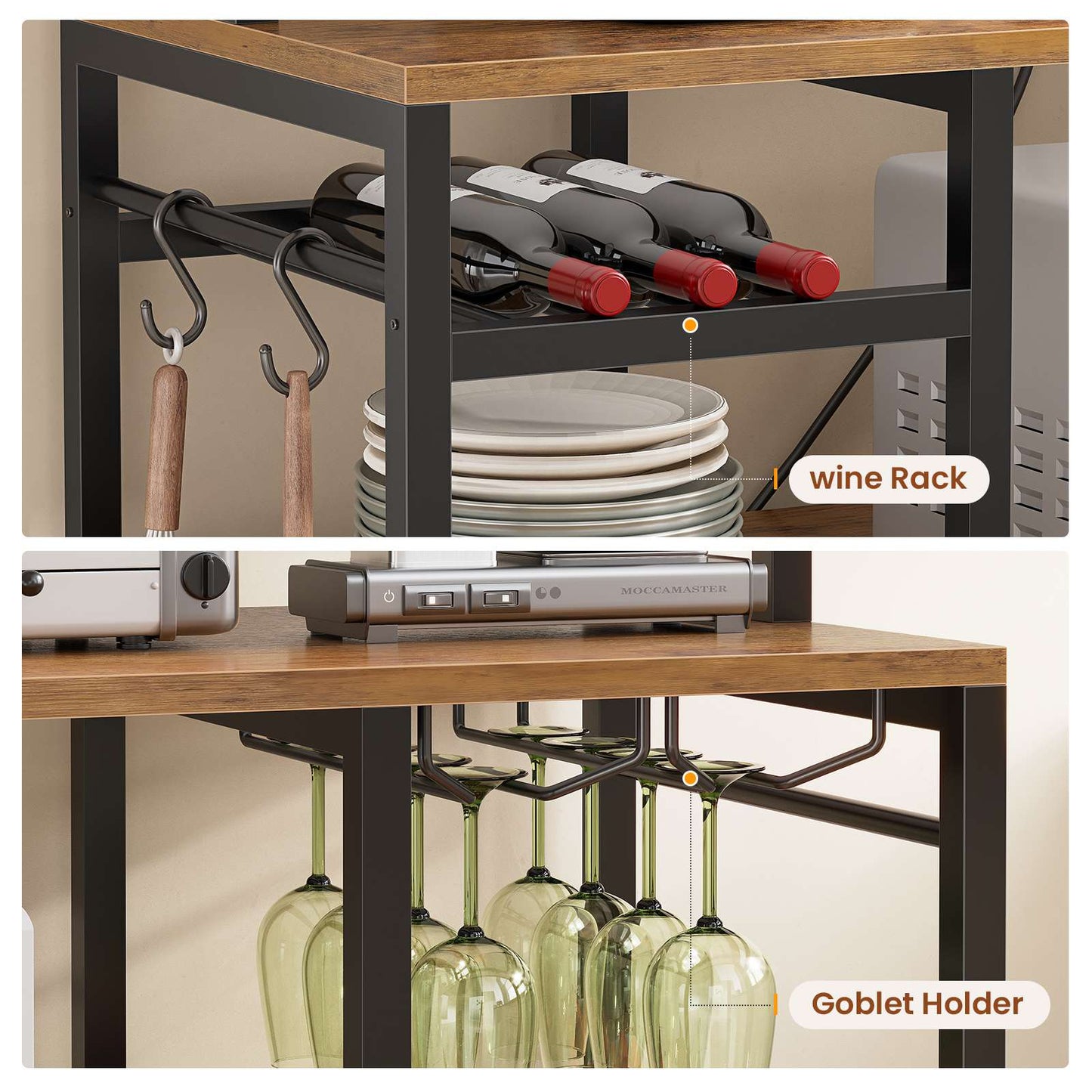 Itaar | Bakers Rack with Power Outlet and LED Light 47.2 Inch Microwave Stand with Storage Kitchen Coffee Bar Cabinet with Glass Door 4 Drawer