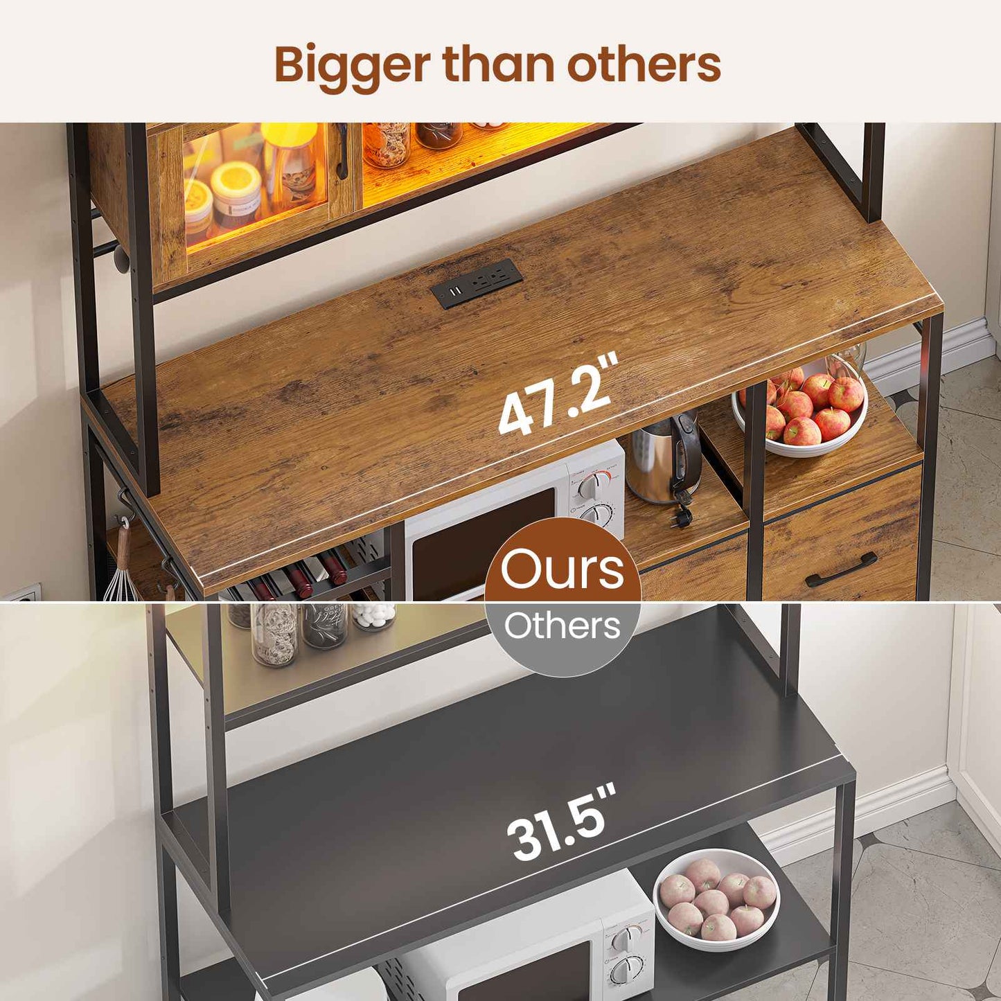 Itaar | Bakers Rack with Power Outlet and LED Light 47.2 Inch Microwave Stand with Storage Kitchen Coffee Bar Cabinet with Glass Door 4 Drawer