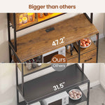 Itaar | Bakers Rack with Power Outlet and LED Light 47.2 Inch Microwave Stand with Storage Kitchen Coffee Bar Cabinet with Glass Door 4 Drawer
