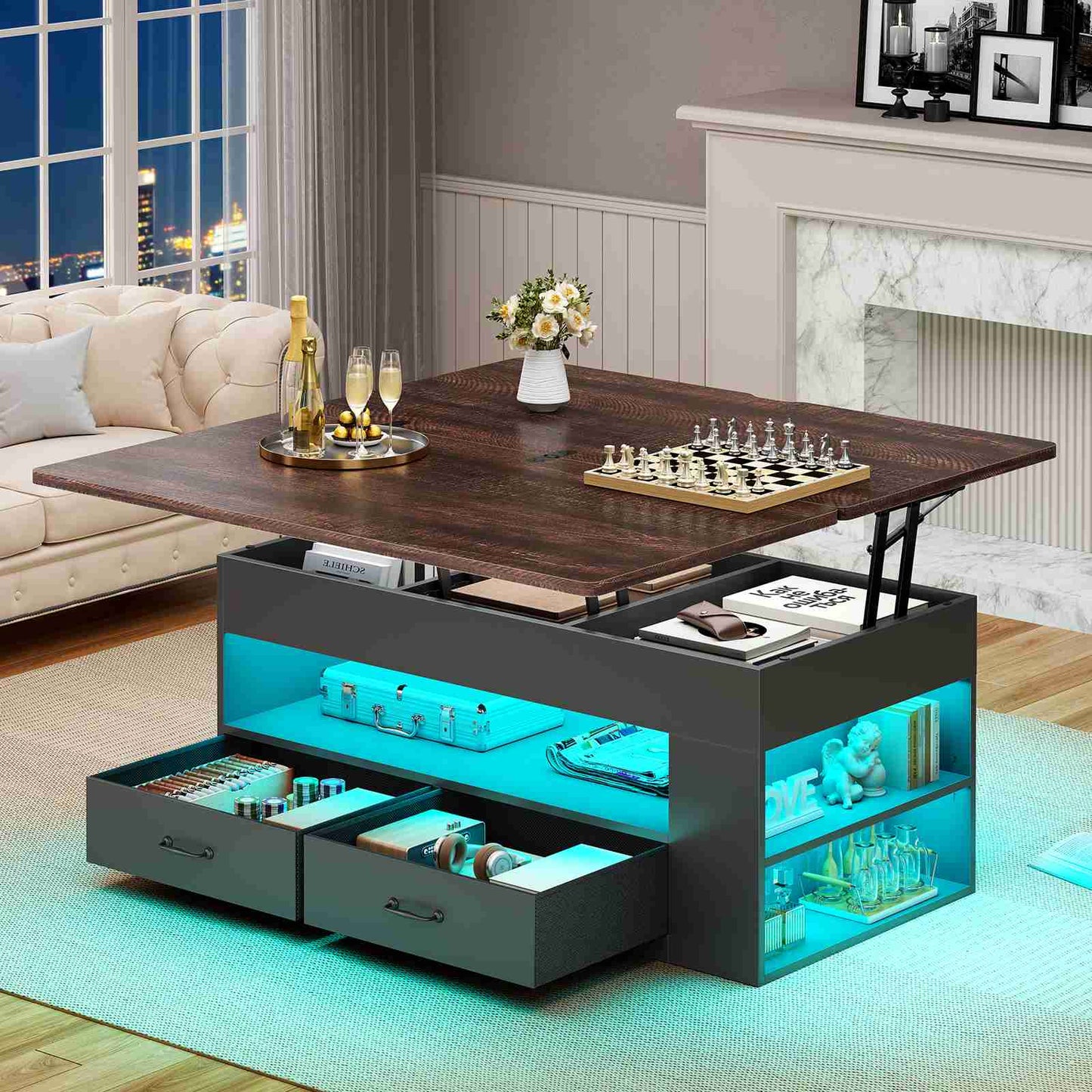 Itaar | Lift Top Coffee Table 4 in 1 Coffee Tables with Storage and Hidden Compartment Farmhouse Coffee Table with 2 Fabric Drawers LED Light