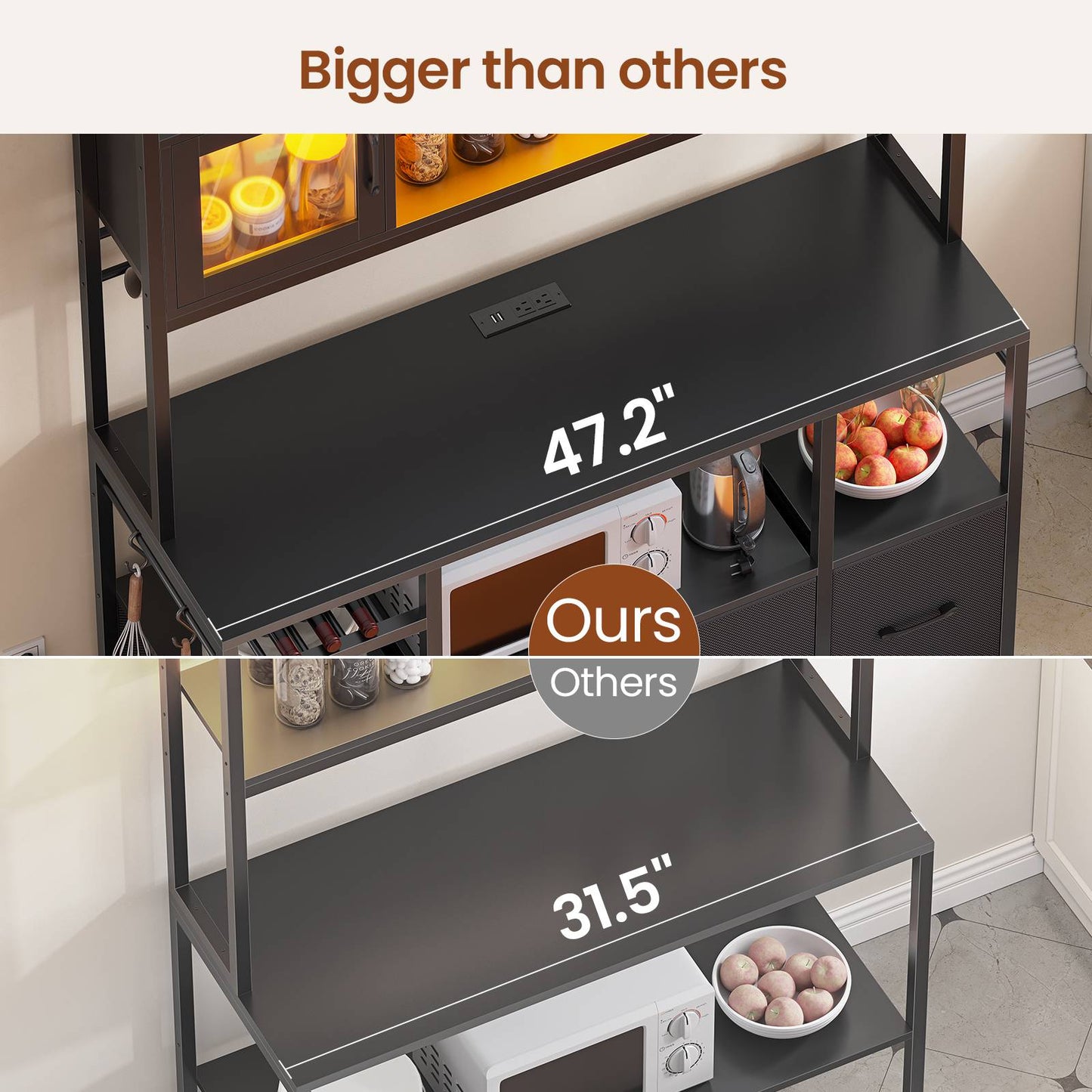 Itaar | Bakers Rack with Power Outlet and LED Light 47.2 Inch Microwave Stand with Storage Kitchen Coffee Bar Cabinet with Glass Door 4 Drawer