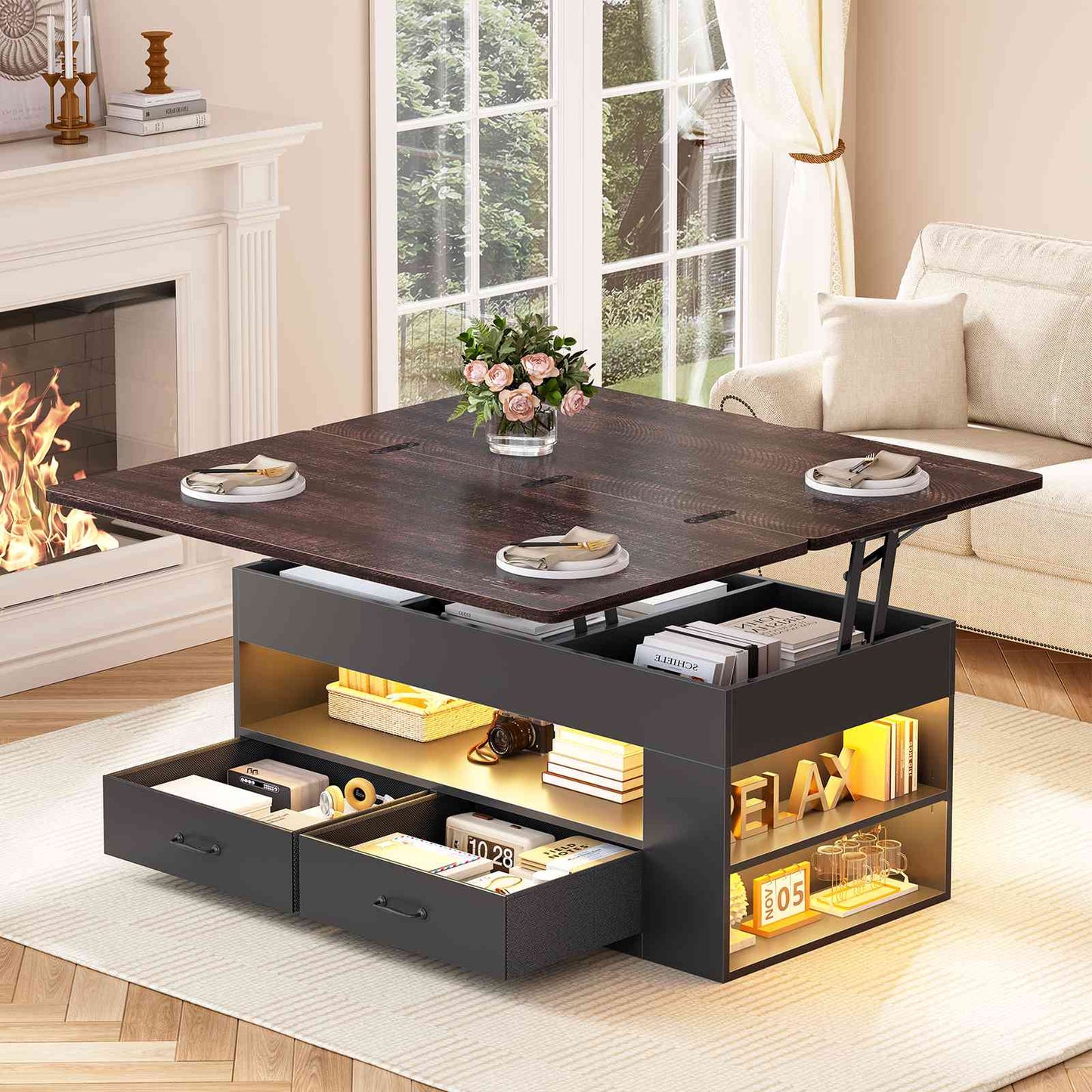 Itaar | Lift Top Coffee Table 4 in 1 Coffee Tables with Storage and Hidden Compartment Farmhouse Coffee Table with 2 Fabric Drawers LED Light