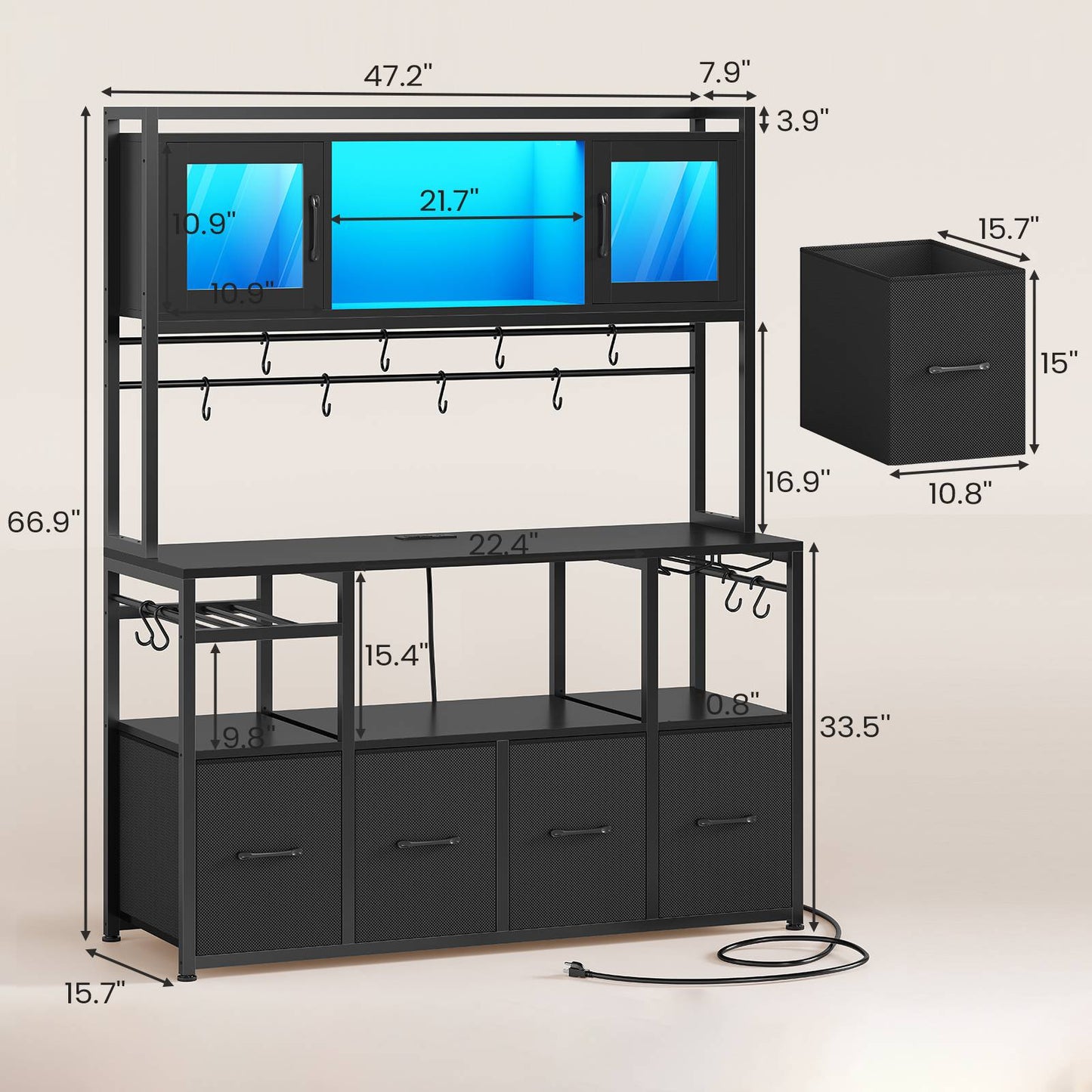 Itaar | Bakers Rack with Power Outlet and LED Light 47.2 Inch Microwave Stand with Storage Kitchen Coffee Bar Cabinet with Glass Door 4 Drawer