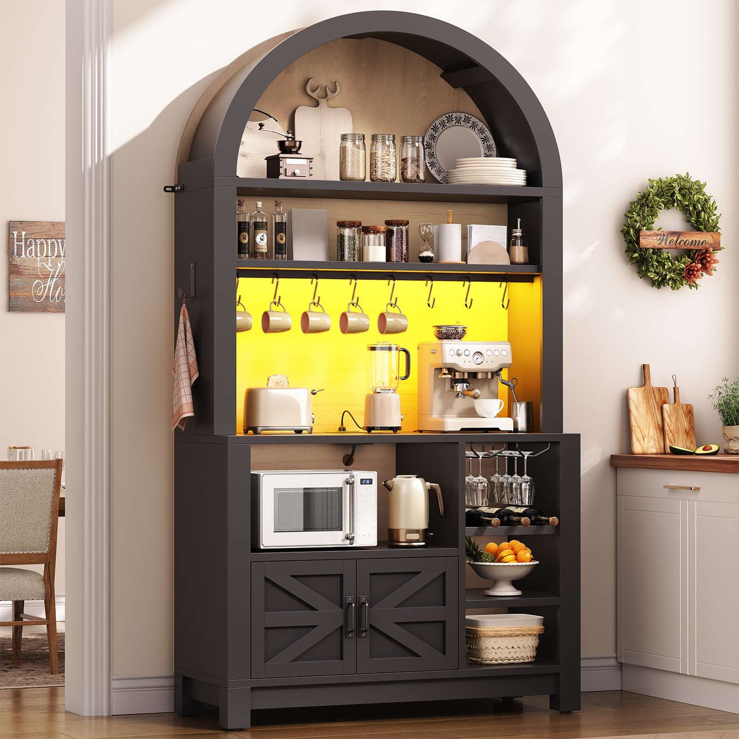 Itaar | 73 Inch Tall Arched Bakers Rack with Power Outlet and LED Light Farmhouse Coffee Bar Cabinet Kitchen Microwave Stand with Storage