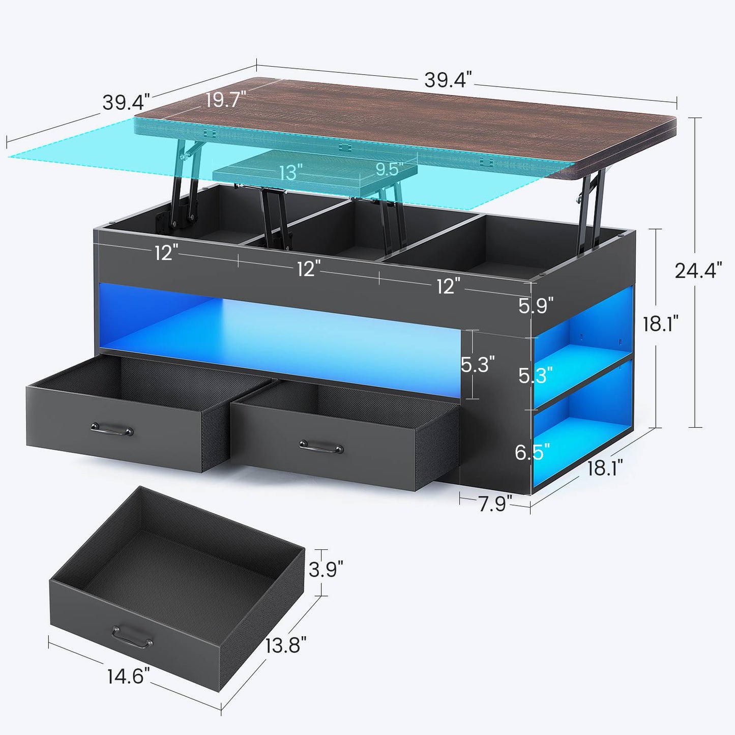 Itaar | Lift Top Coffee Table 4 in 1 Coffee Tables with Storage and Hidden Compartment Farmhouse Coffee Table with 2 Fabric Drawers LED Light