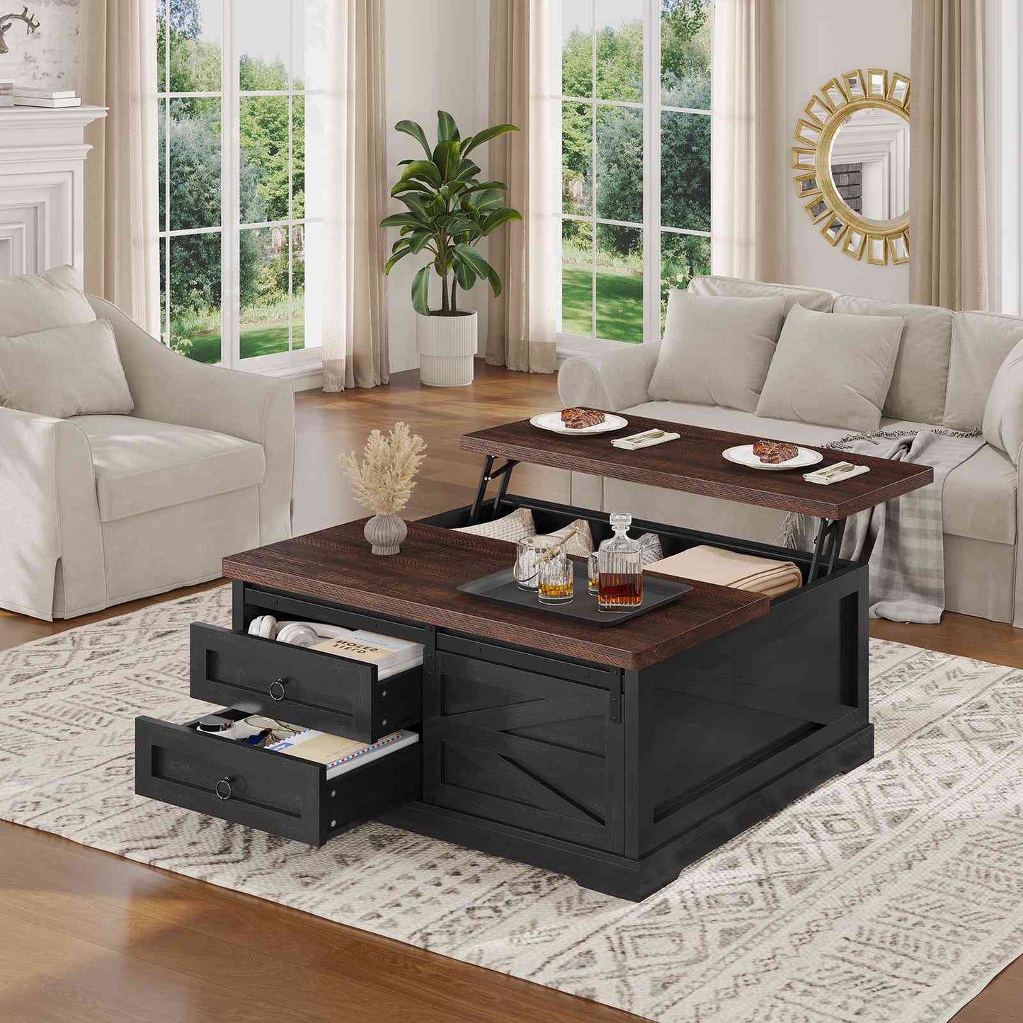 Itaar | 39.4 Inch Lift Top Coffee Table with Storage Farmhouse Coffee Tables for Living Room Square Coffee Table with Large Hidden Compartment