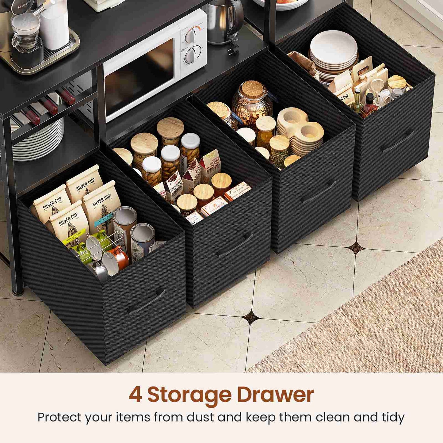 Itaar | Bakers Rack with Power Outlet and LED Light 47.2 Inch Microwave Stand with Storage Kitchen Coffee Bar Cabinet with Glass Door 4 Drawer