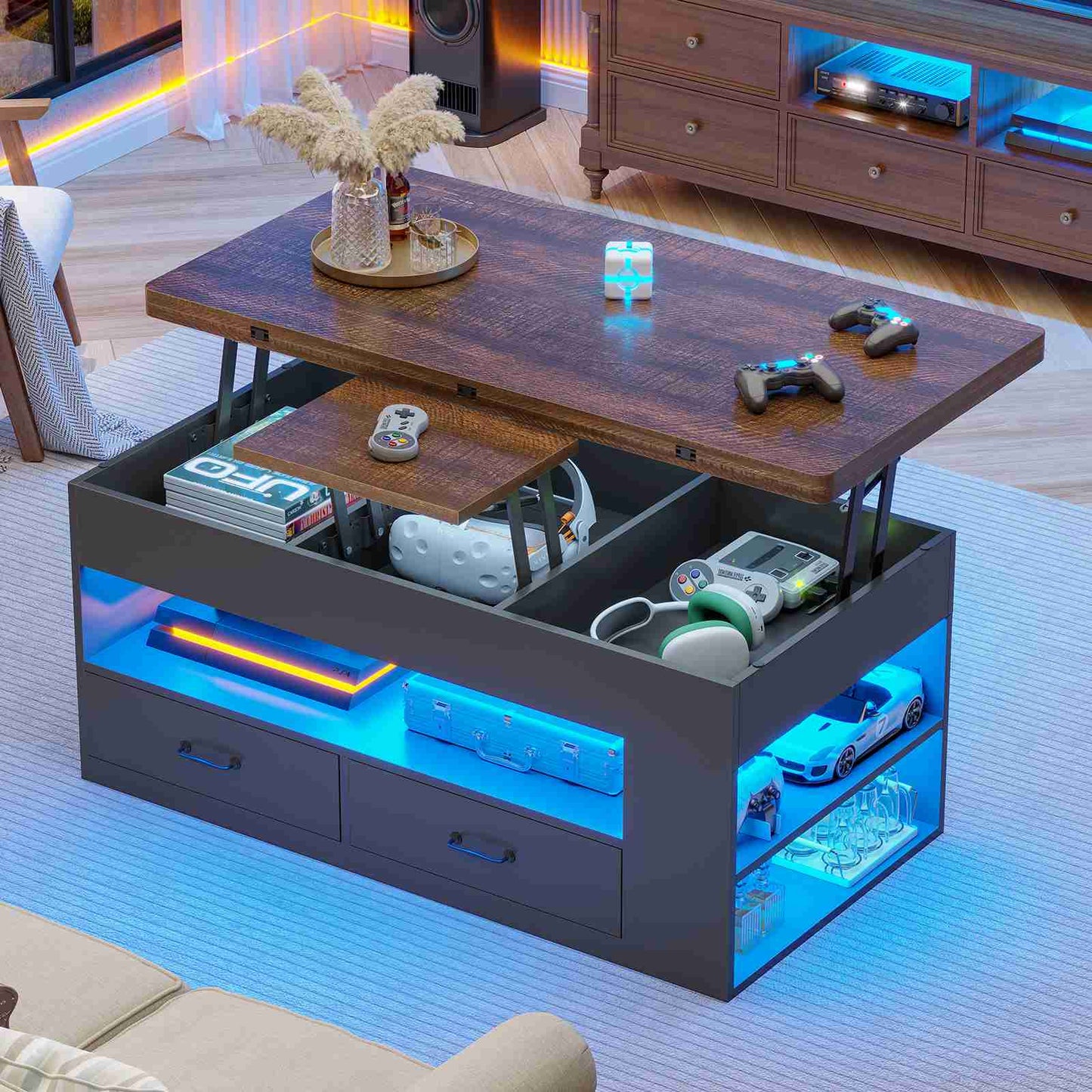 Itaar | Lift Top Coffee Table 4 in 1 Coffee Tables with Storage and Hidden Compartment Farmhouse Coffee Table with 2 Fabric Drawers LED Light