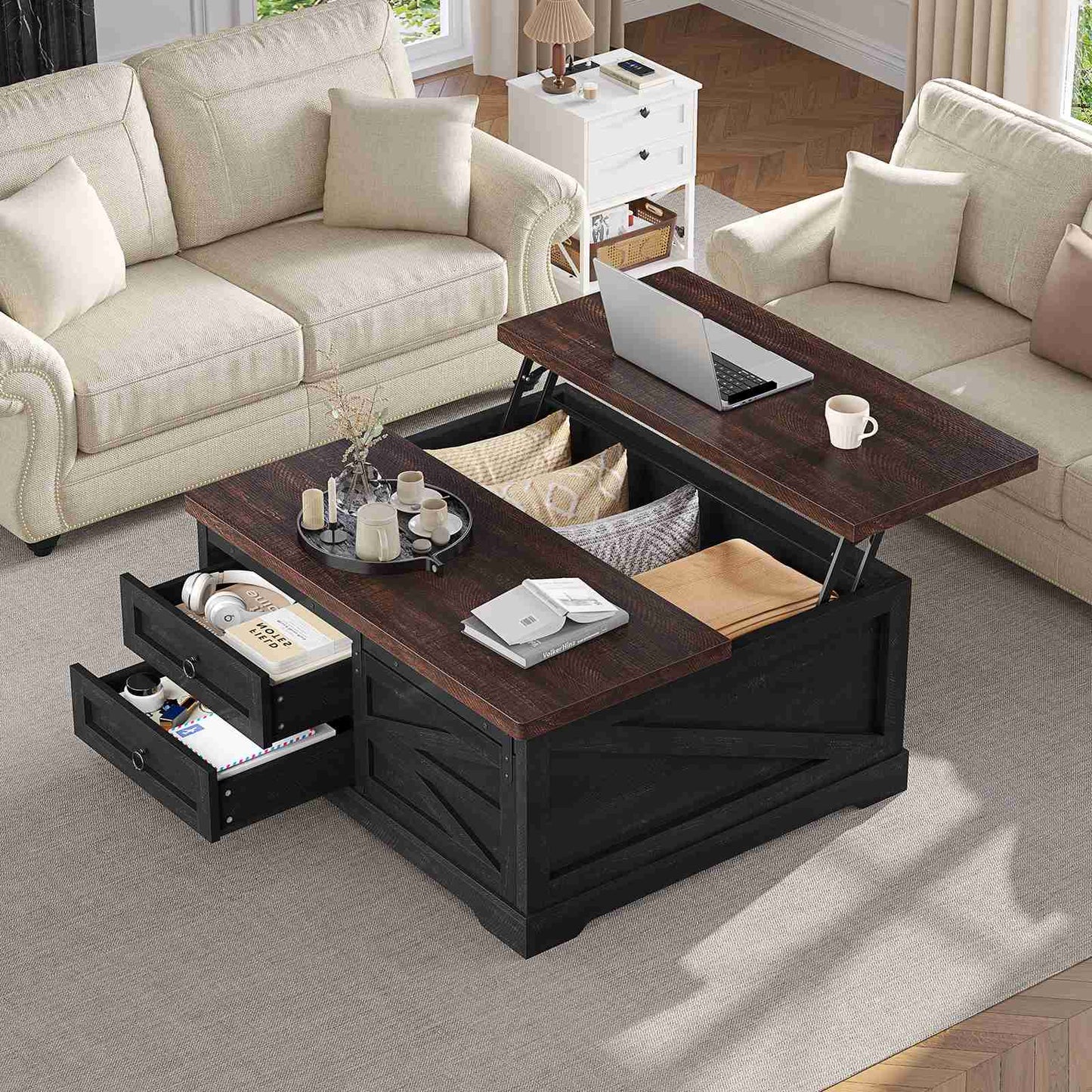 Itaar | 39.4 Inch Lift Top Coffee Table with Storage Farmhouse Coffee Tables for Living Room Square Coffee Table with Large Hidden Compartment