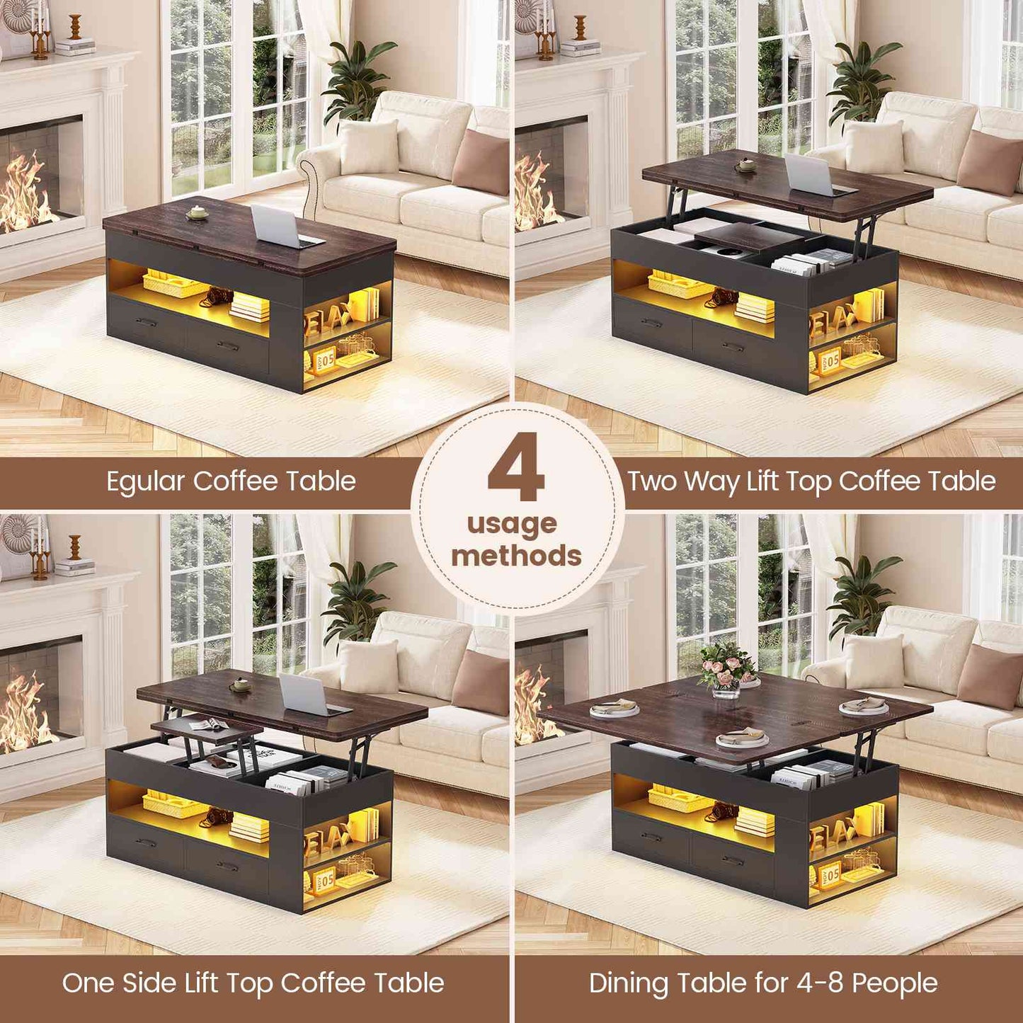 Itaar | Lift Top Coffee Table 4 in 1 Coffee Tables with Storage and Hidden Compartment Farmhouse Coffee Table with 2 Fabric Drawers LED Light