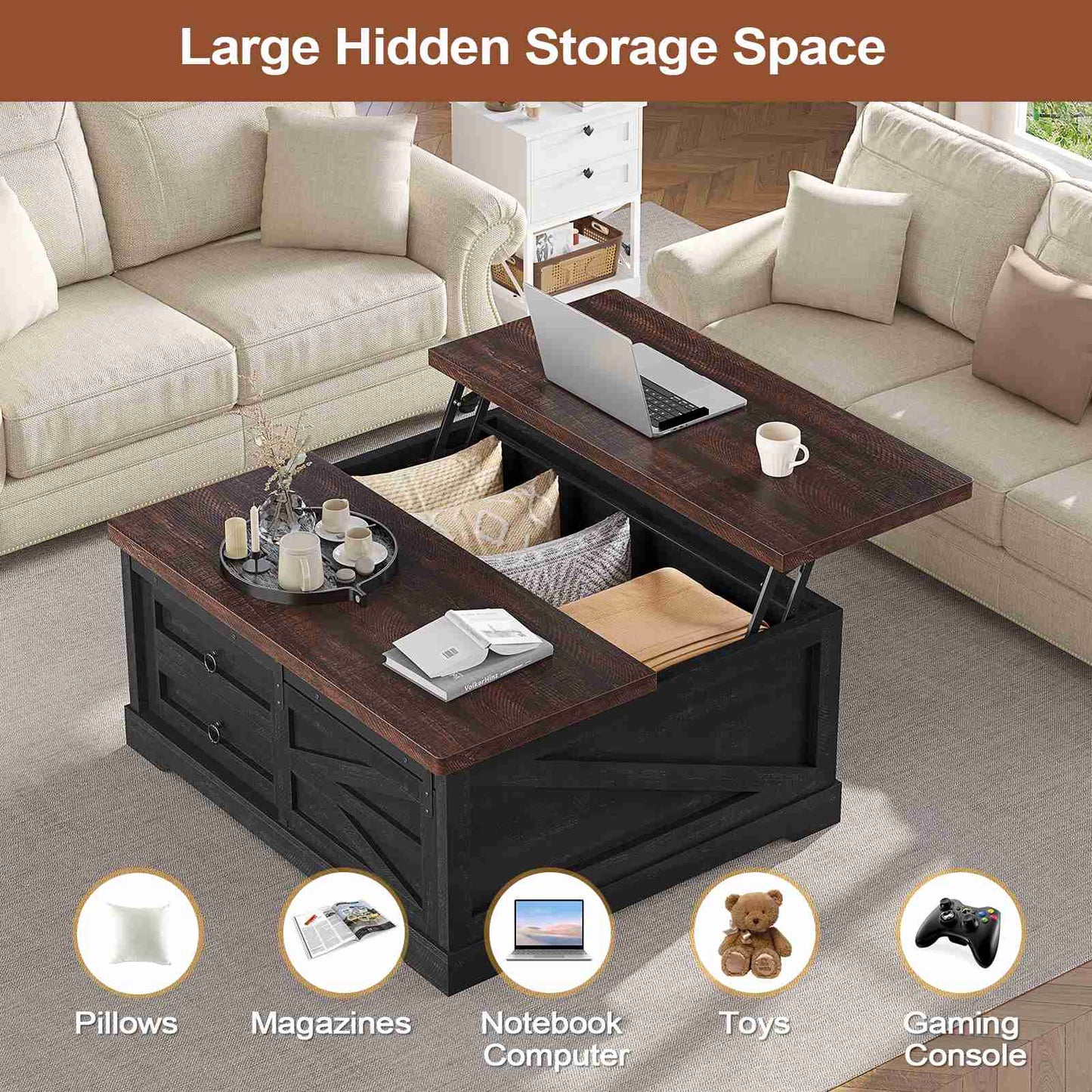 Itaar | 39.4 Inch Lift Top Coffee Table with Storage Farmhouse Coffee Tables for Living Room Square Coffee Table with Large Hidden Compartment