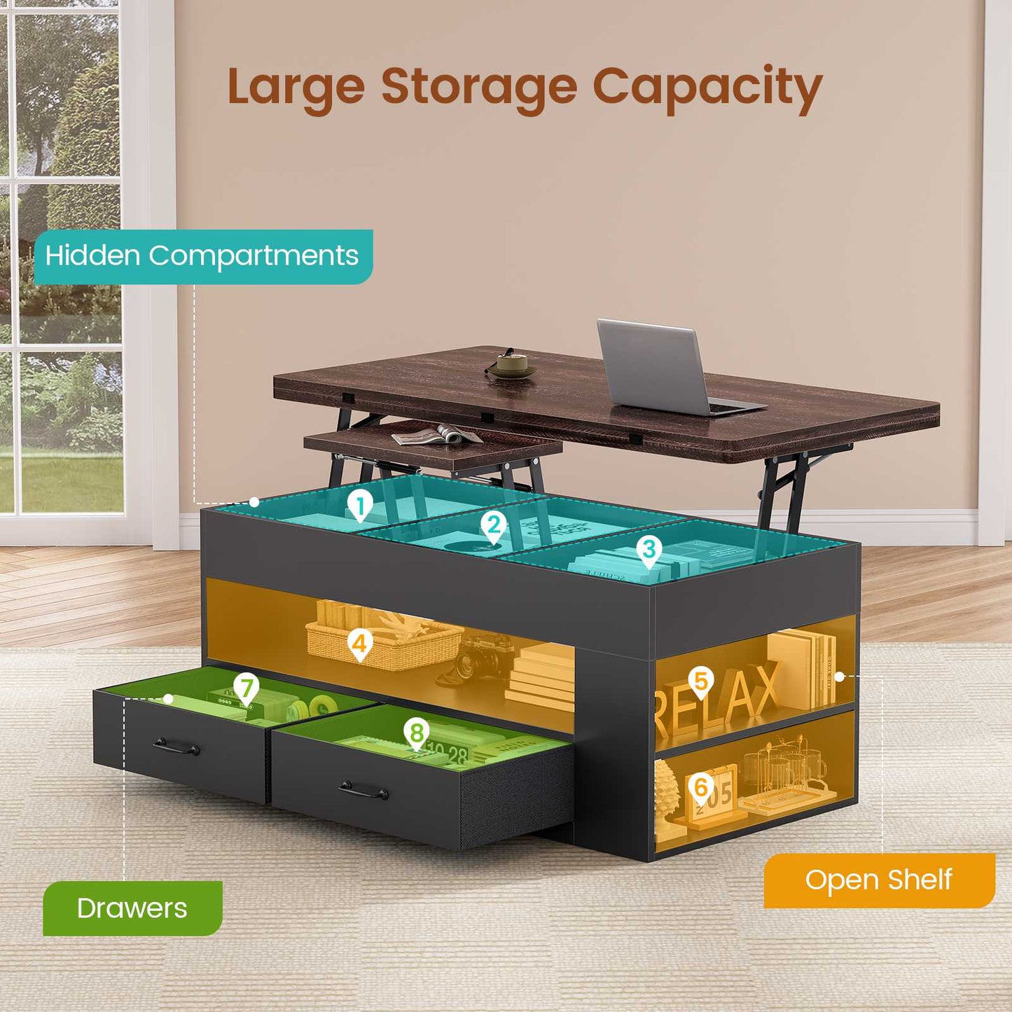Itaar | Lift Top Coffee Table 4 in 1 Coffee Tables with Storage and Hidden Compartment Farmhouse Coffee Table with 2 Fabric Drawers LED Light
