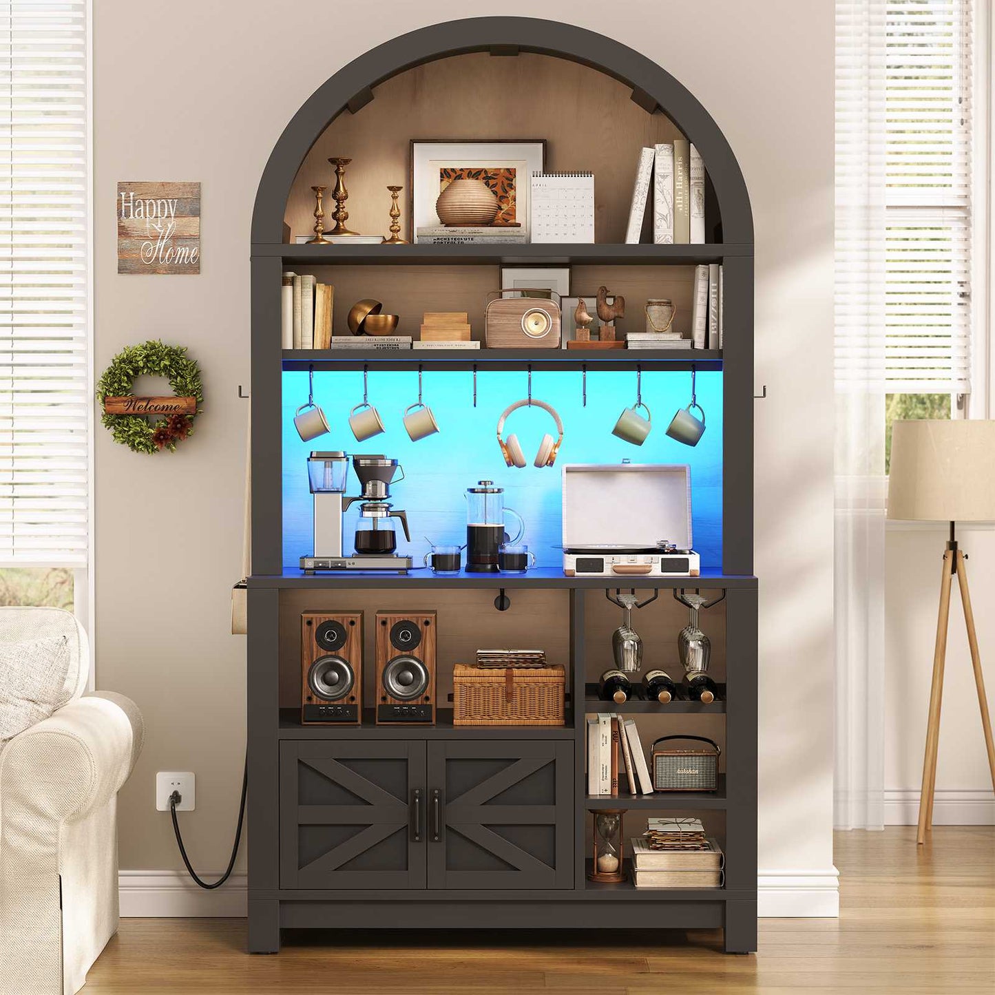 Itaar | 73 Inch Tall Arched Bakers Rack with Power Outlet and LED Light Farmhouse Coffee Bar Cabinet Kitchen Microwave Stand with Storage