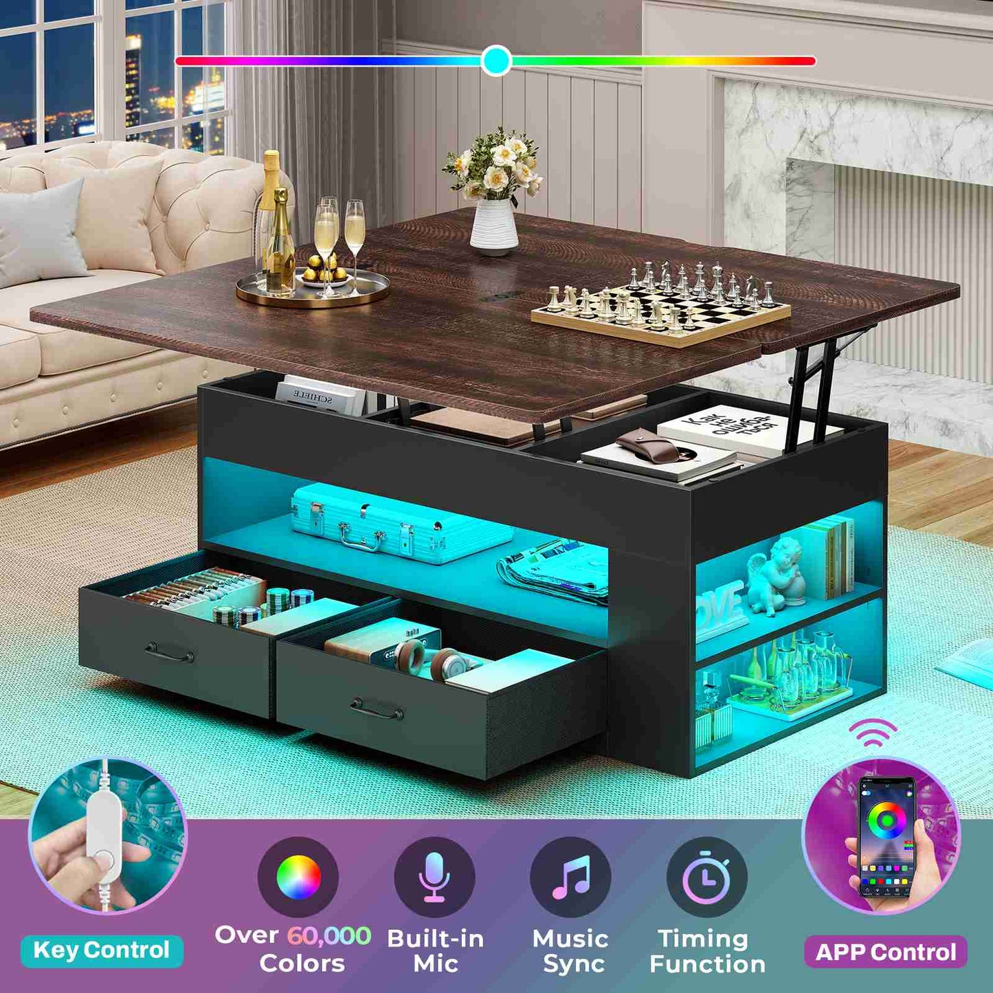 Itaar | Lift Top Coffee Table 4 in 1 Coffee Tables with Storage and Hidden Compartment Farmhouse Coffee Table with 2 Fabric Drawers LED Light