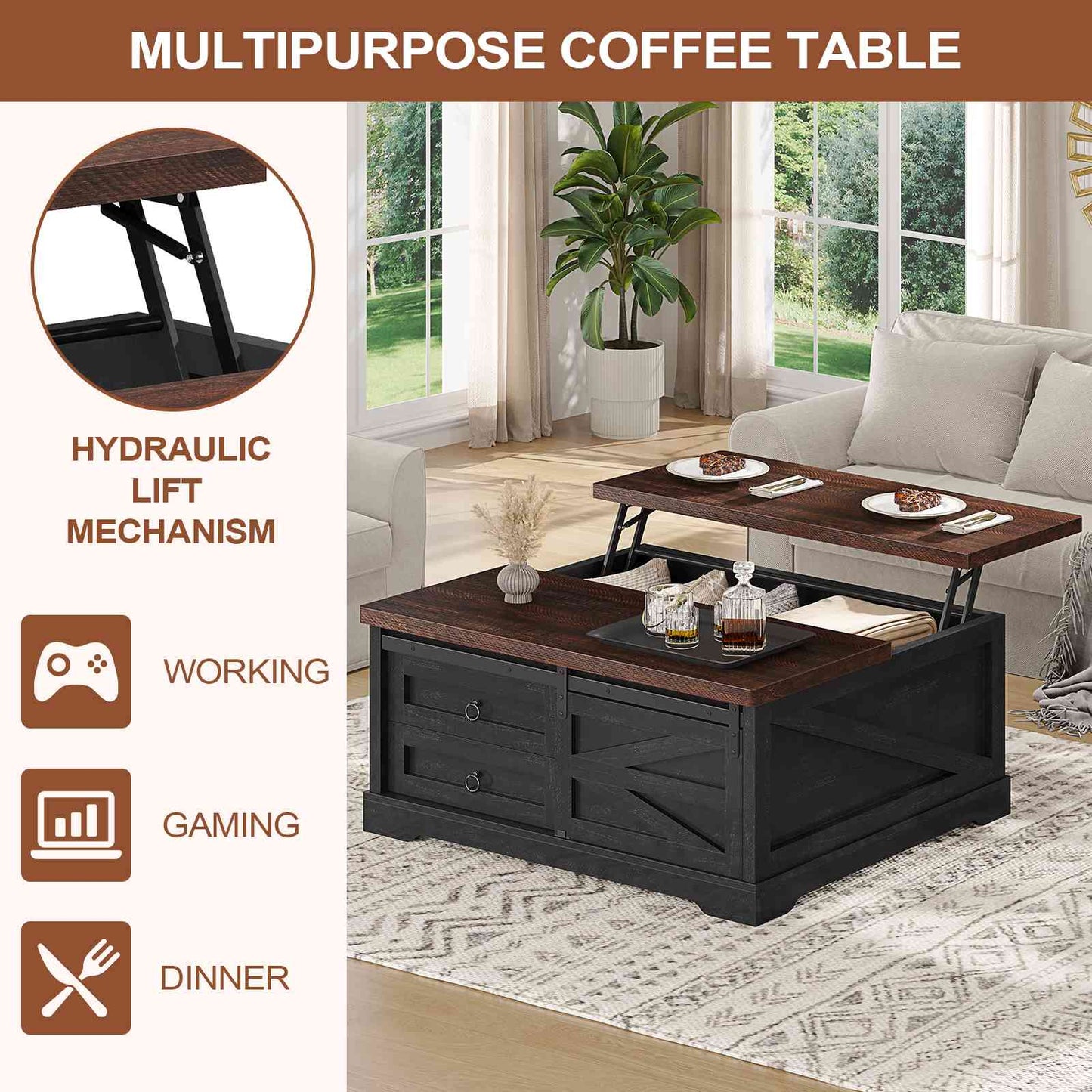 Itaar | 39.4 Inch Lift Top Coffee Table with Storage Farmhouse Coffee Tables for Living Room Square Coffee Table with Large Hidden Compartment