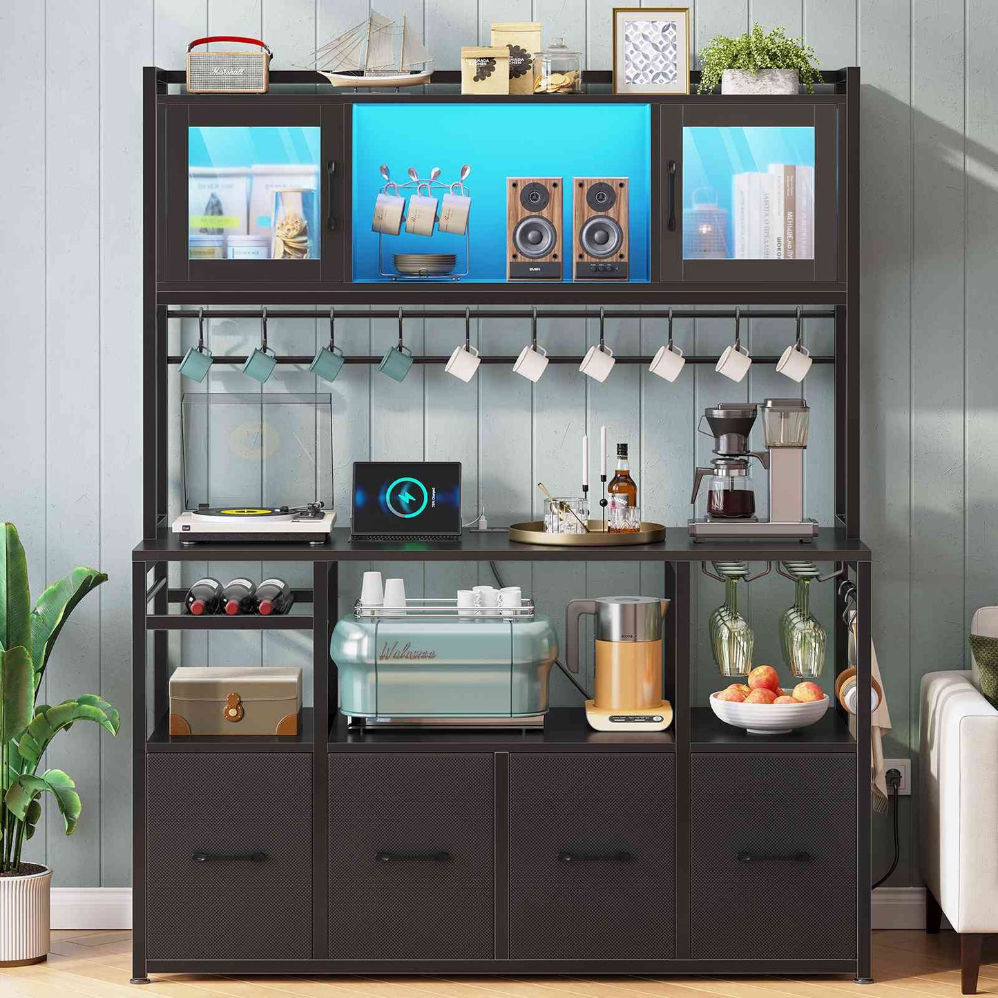 Itaar | Bakers Rack with Power Outlet and LED Light 47.2 Inch Microwave Stand with Storage Kitchen Coffee Bar Cabinet with Glass Door 4 Drawer