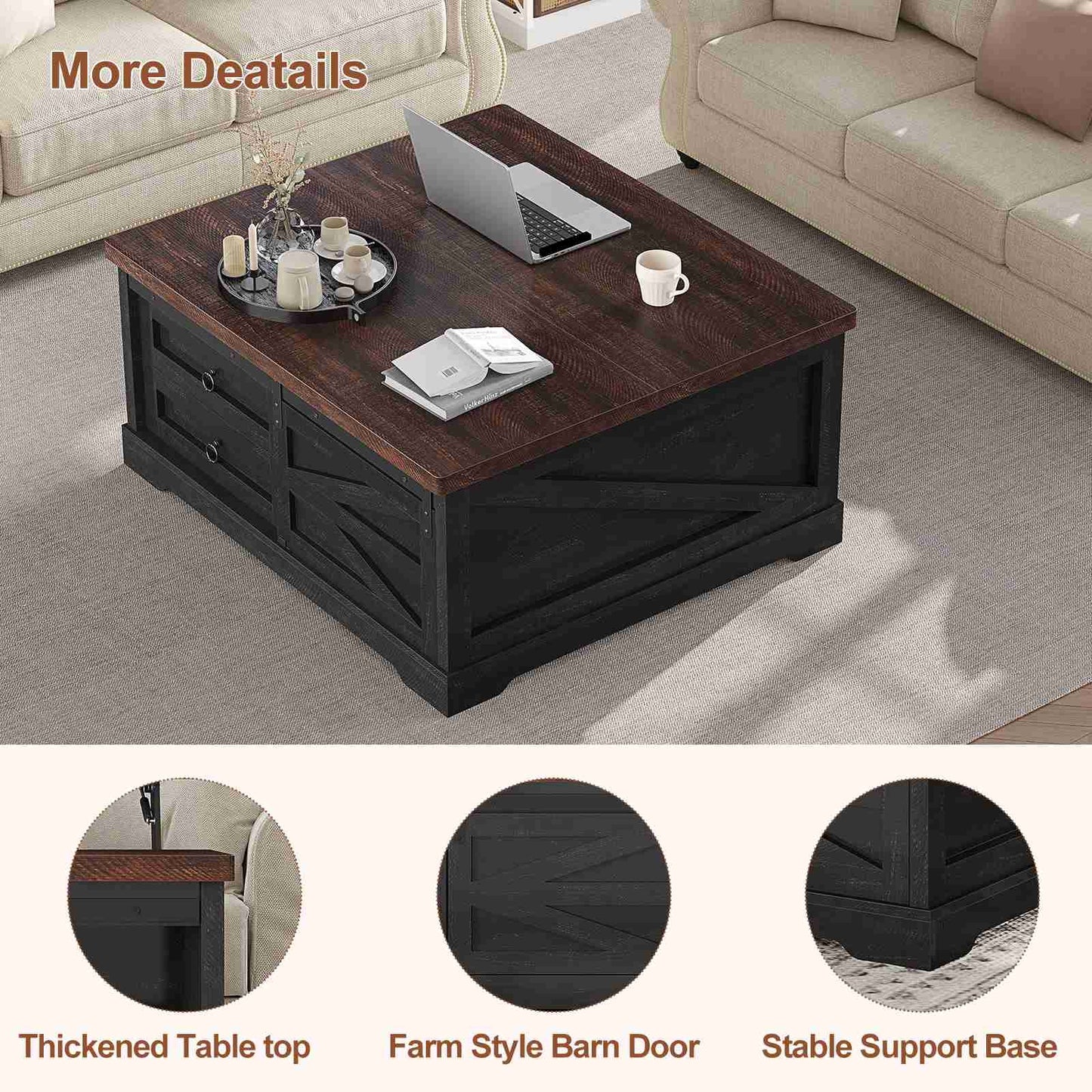 Itaar | 39.4 Inch Lift Top Coffee Table with Storage Farmhouse Coffee Tables for Living Room Square Coffee Table with Large Hidden Compartment