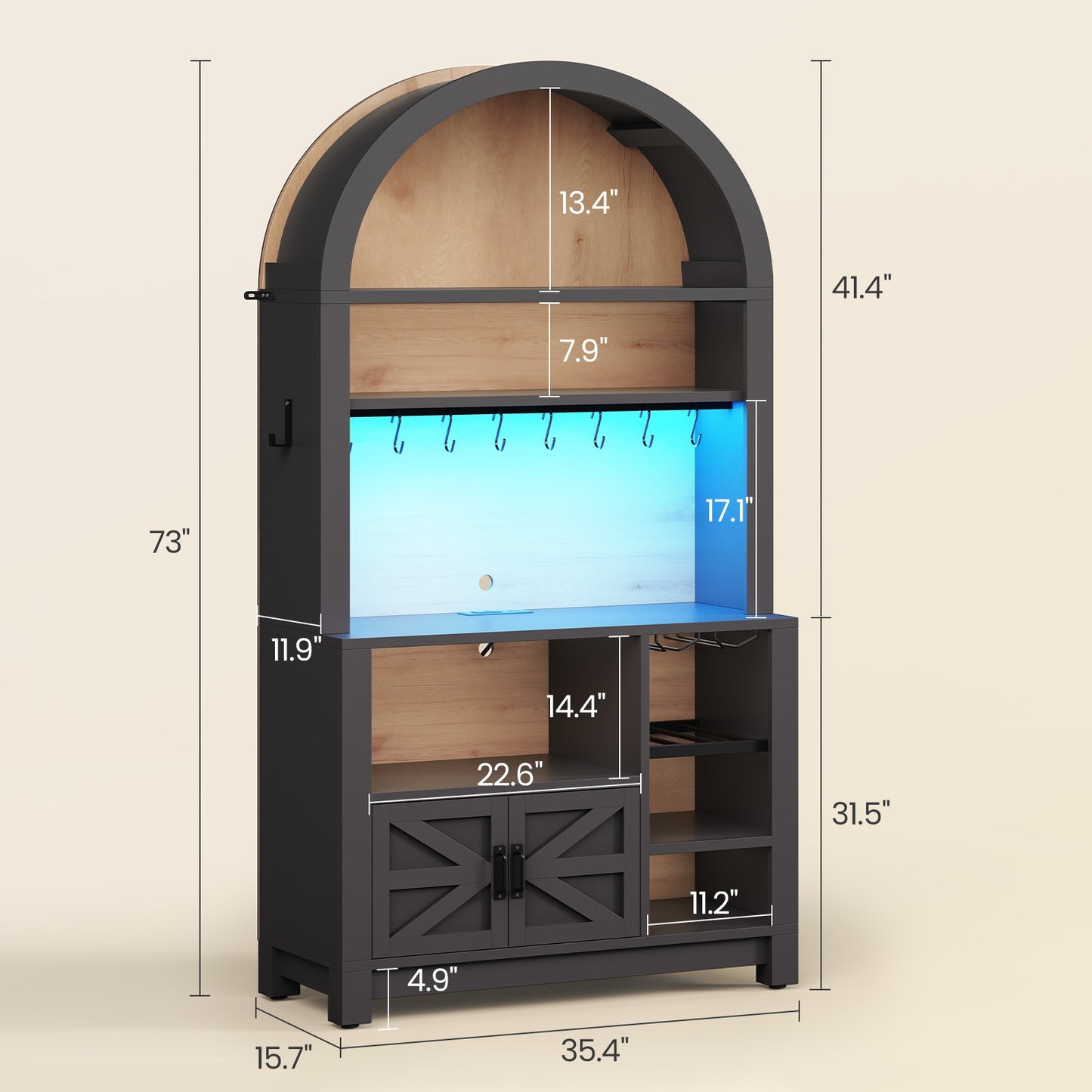 Itaar | 73 Inch Tall Arched Bakers Rack with Power Outlet and LED Light Farmhouse Coffee Bar Cabinet Kitchen Microwave Stand with Storage