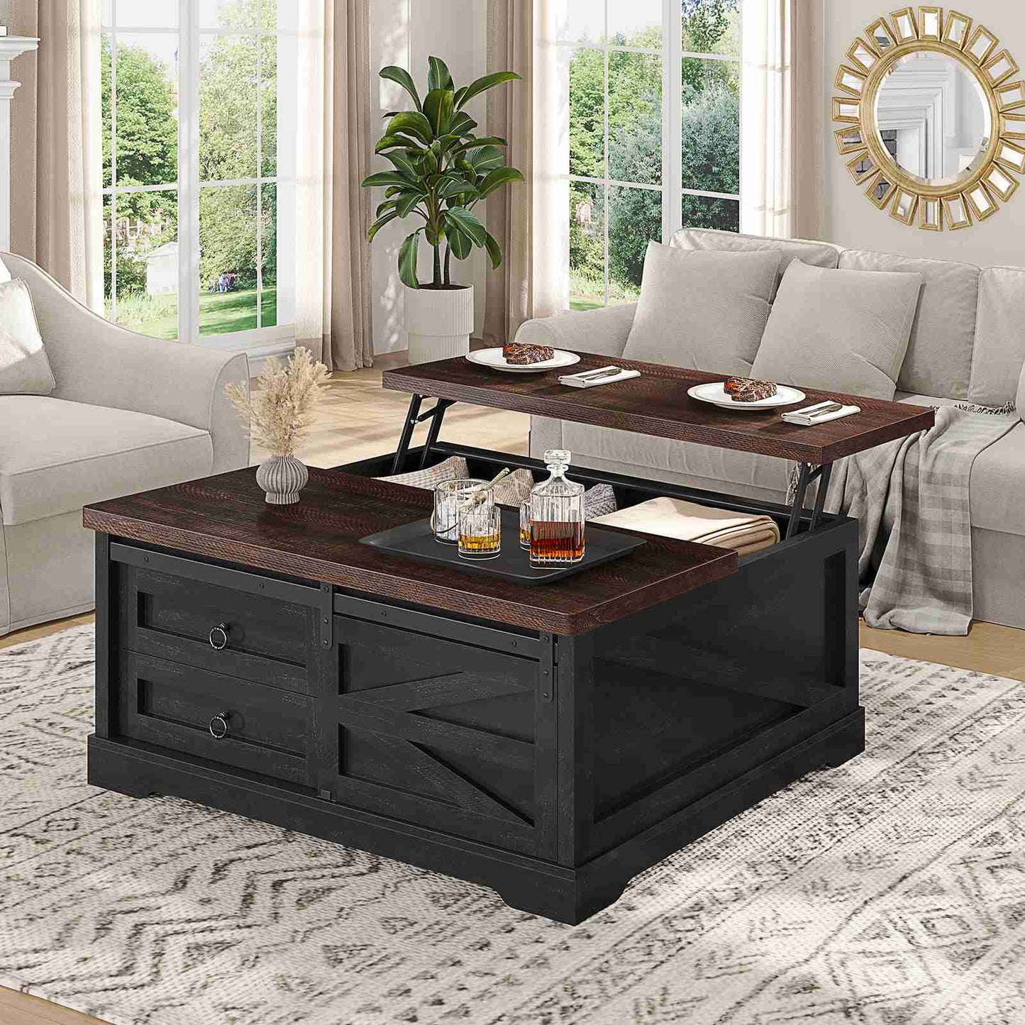 Itaar | 39.4 Inch Lift Top Coffee Table with Storage Farmhouse Coffee Tables for Living Room Square Coffee Table with Large Hidden Compartment