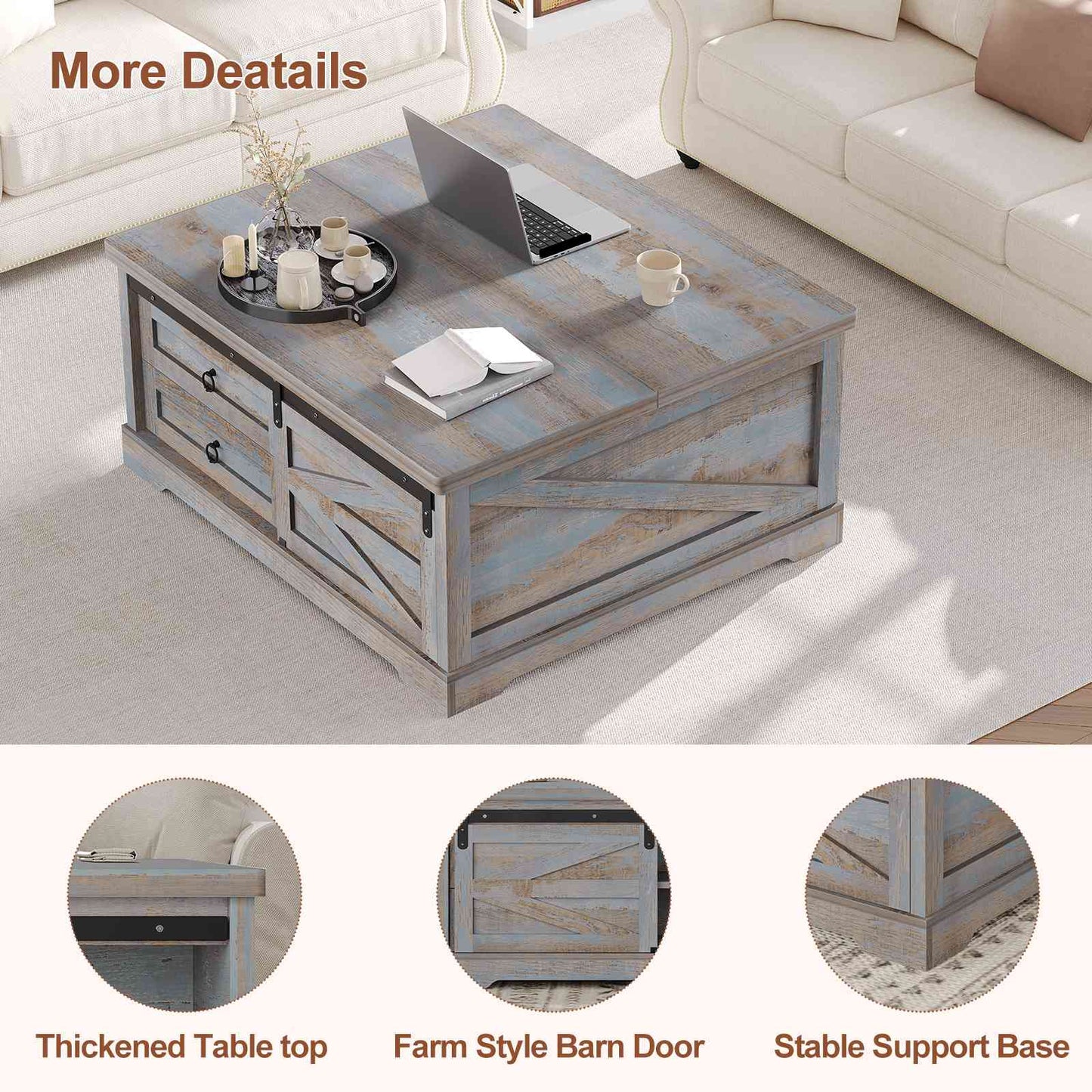 Itaar | 39.4 Inch Lift Top Coffee Table with Storage Farmhouse Coffee Tables for Living Room Square Coffee Table with Large Hidden Compartment