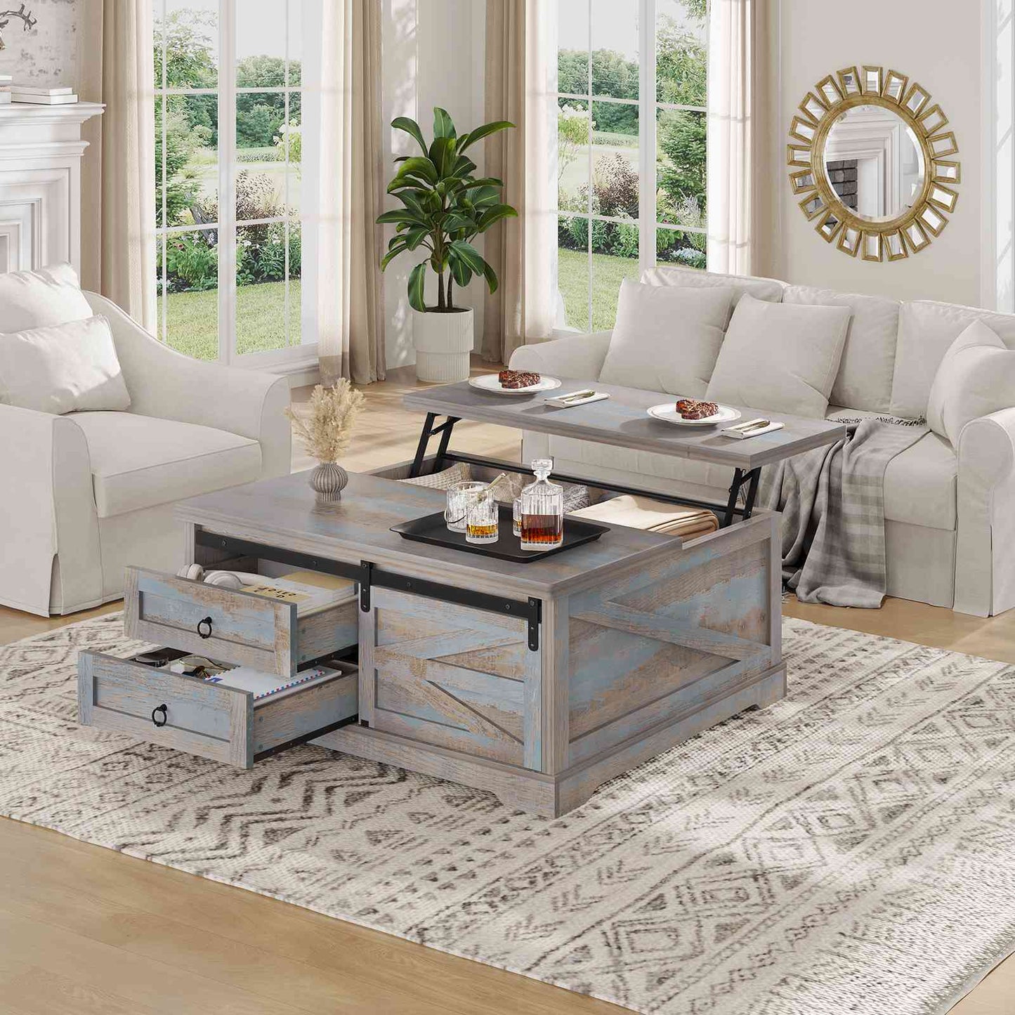 Itaar | 39.4 Inch Lift Top Coffee Table with Storage Farmhouse Coffee Tables for Living Room Square Coffee Table with Large Hidden Compartment