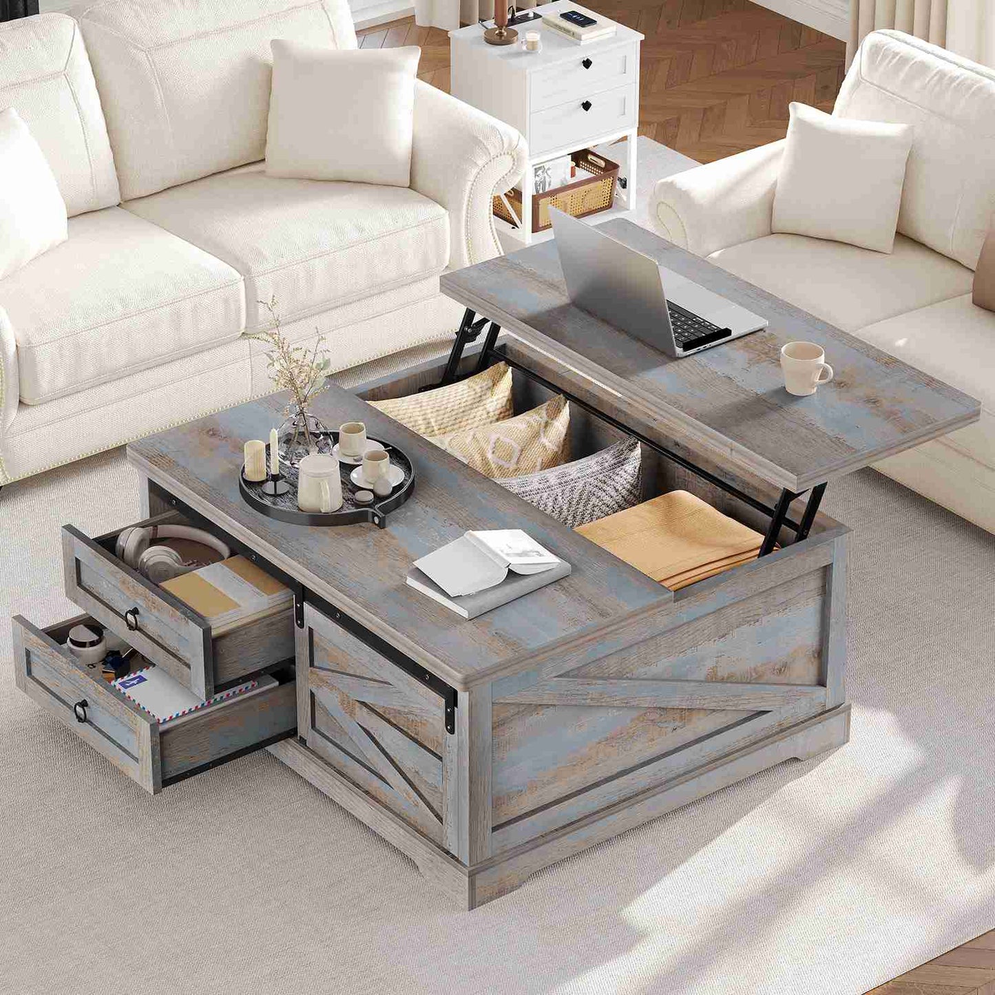 Itaar | 39.4 Inch Lift Top Coffee Table with Storage Farmhouse Coffee Tables for Living Room Square Coffee Table with Large Hidden Compartment