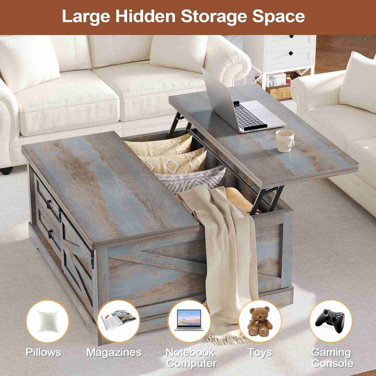 Itaar | 39.4 Inch Lift Top Coffee Table with Storage Farmhouse Coffee Tables for Living Room Square Coffee Table with Large Hidden Compartment