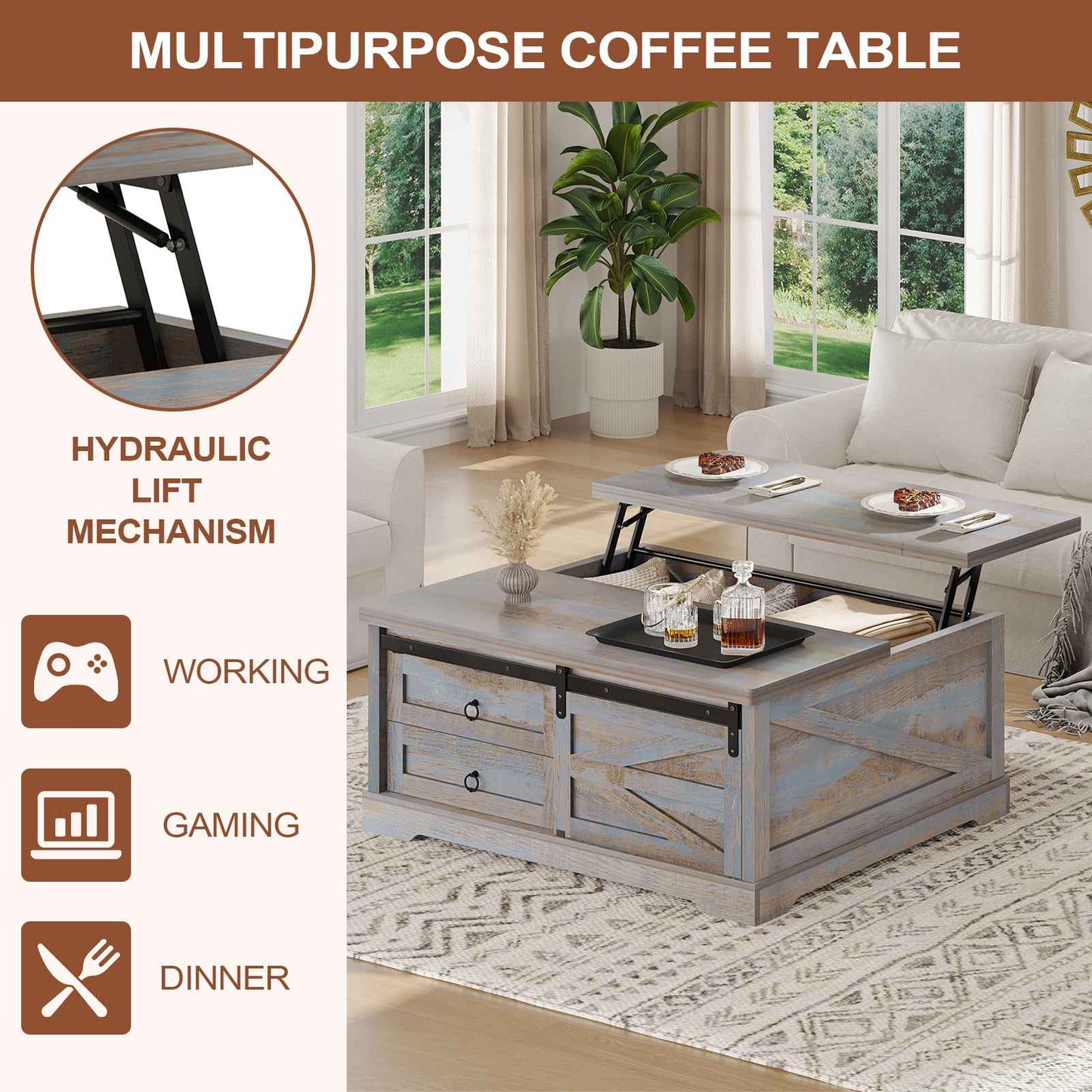 Itaar | 39.4 Inch Lift Top Coffee Table with Storage Farmhouse Coffee Tables for Living Room Square Coffee Table with Large Hidden Compartment