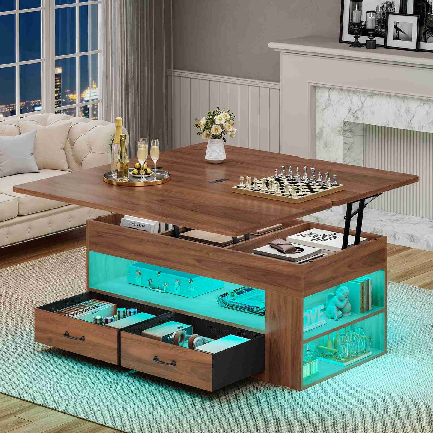 Itaar | Lift Top Coffee Table 4 in 1 Coffee Tables with Storage and Hidden Compartment Farmhouse Coffee Table with 2 Fabric Drawers LED Light
