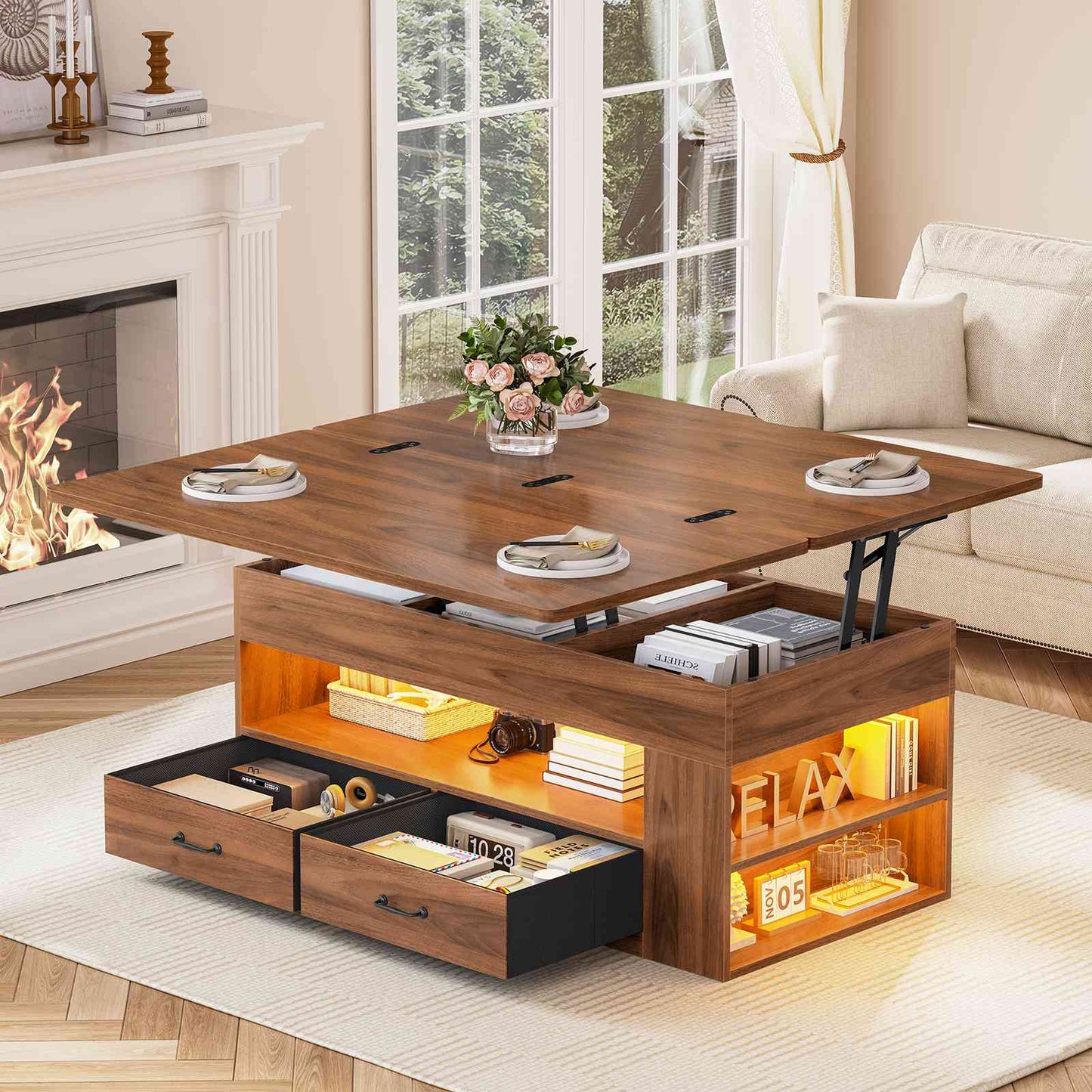 Itaar | Lift Top Coffee Table 4 in 1 Coffee Tables with Storage and Hidden Compartment Farmhouse Coffee Table with 2 Fabric Drawers LED Light