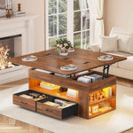 Itaar | Lift Top Coffee Table 4 in 1 Coffee Tables with Storage and Hidden Compartment Farmhouse Coffee Table with 2 Fabric Drawers LED Light