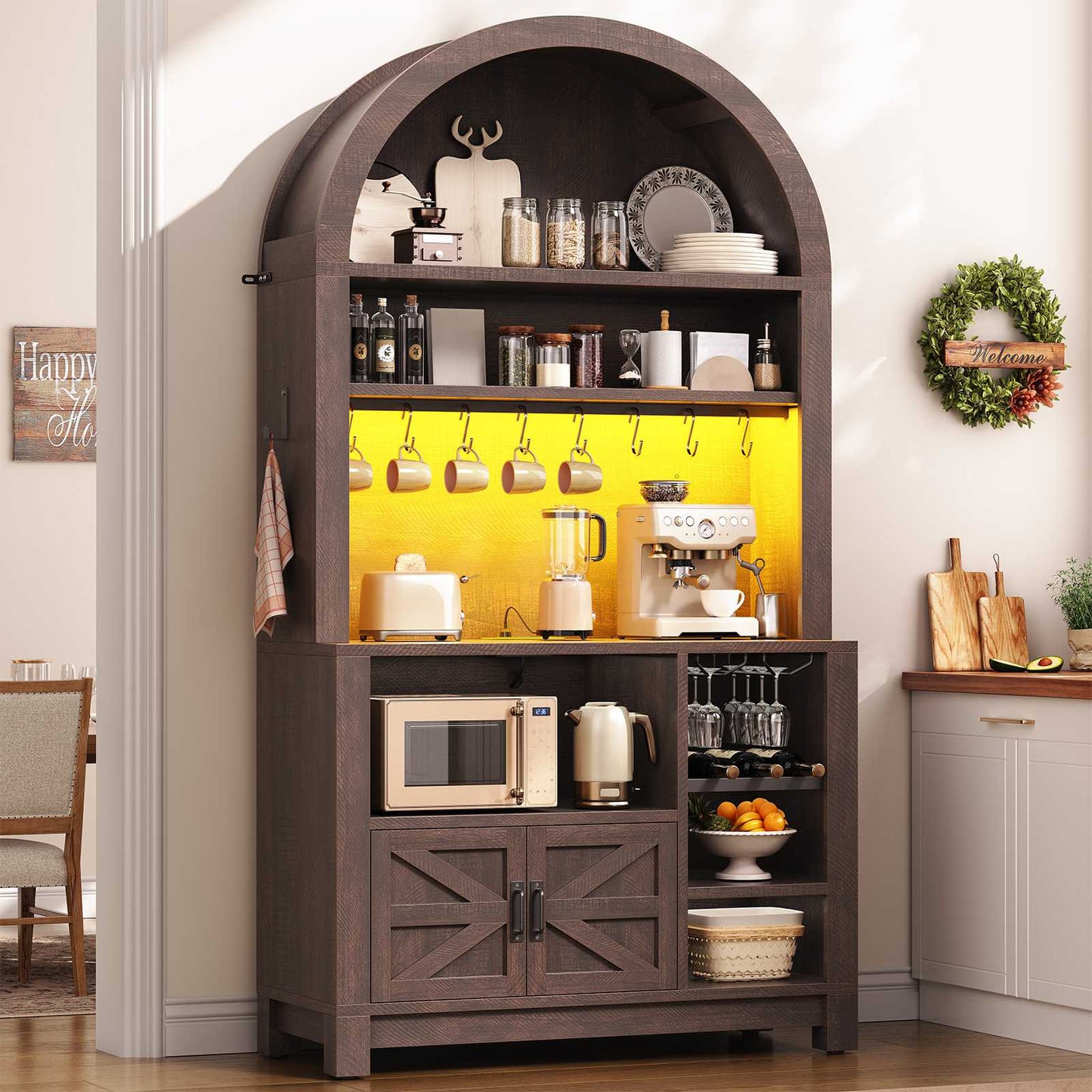 Itaar | 73 Inch Tall Arched Bakers Rack with Power Outlet and LED Light Farmhouse Coffee Bar Cabinet Kitchen Microwave Stand with Storage