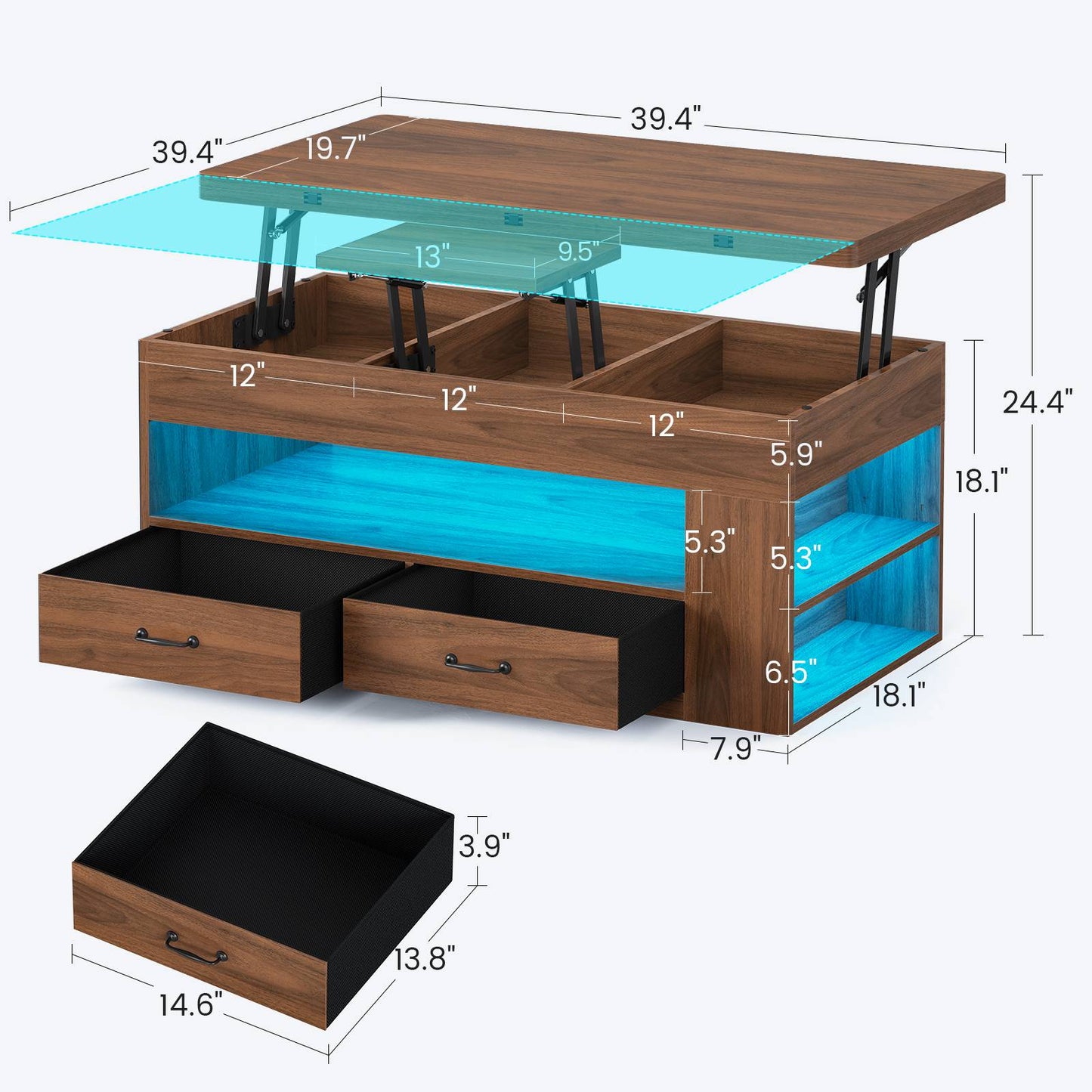 Itaar | Lift Top Coffee Table 4 in 1 Coffee Tables with Storage and Hidden Compartment Farmhouse Coffee Table with 2 Fabric Drawers LED Light