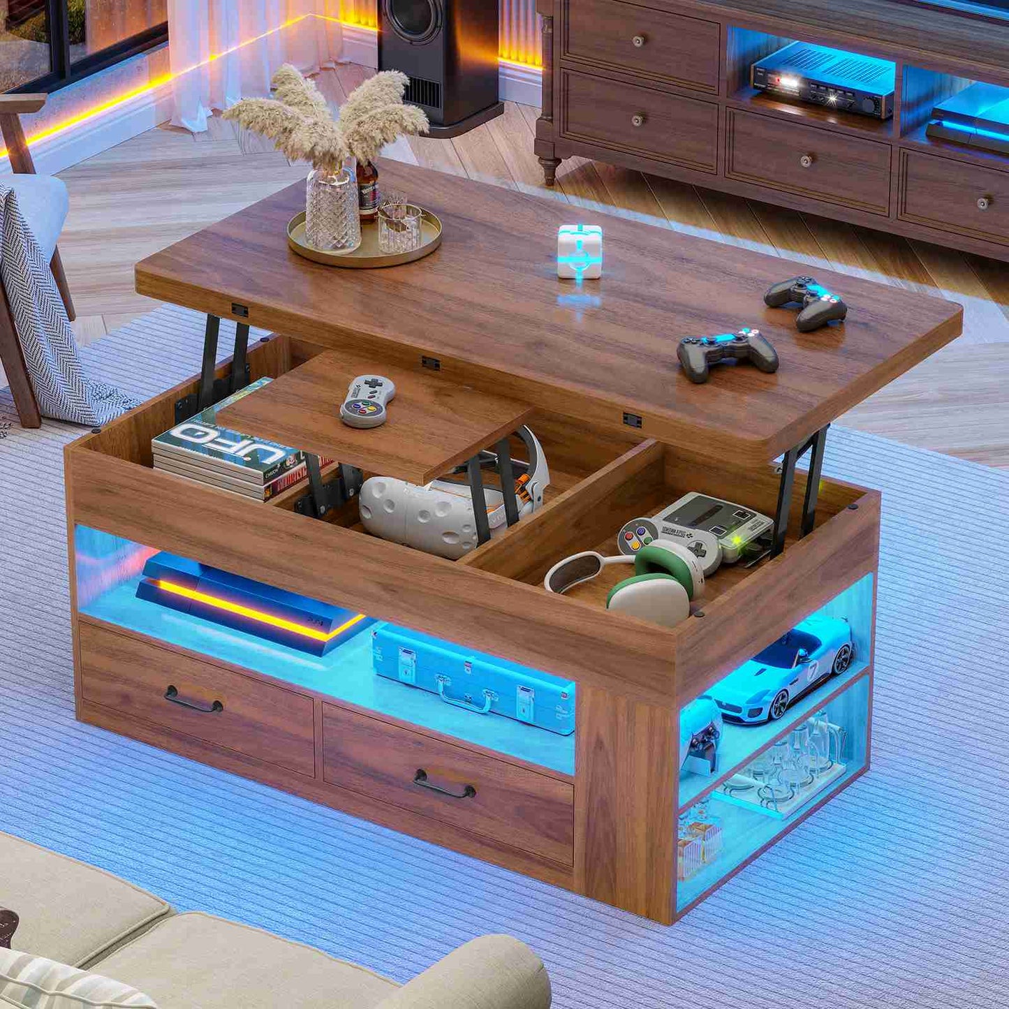 Itaar | Lift Top Coffee Table 4 in 1 Coffee Tables with Storage and Hidden Compartment Farmhouse Coffee Table with 2 Fabric Drawers LED Light