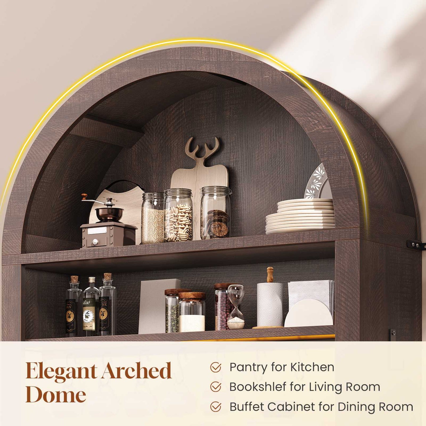 Itaar | 73 Inch Tall Arched Bakers Rack with Power Outlet and LED Light Farmhouse Coffee Bar Cabinet Kitchen Microwave Stand with Storage