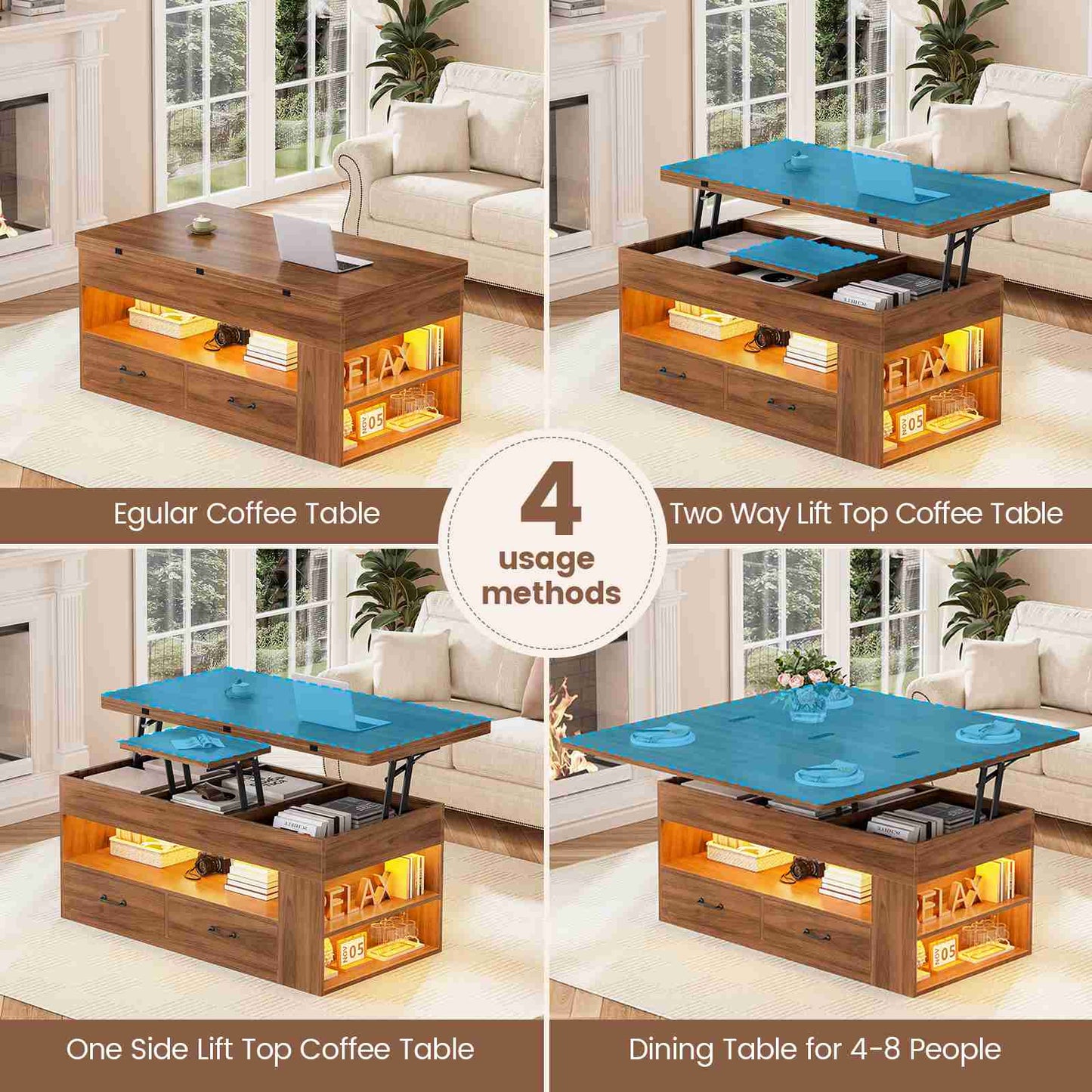 Itaar | Lift Top Coffee Table 4 in 1 Coffee Tables with Storage and Hidden Compartment Farmhouse Coffee Table with 2 Fabric Drawers LED Light