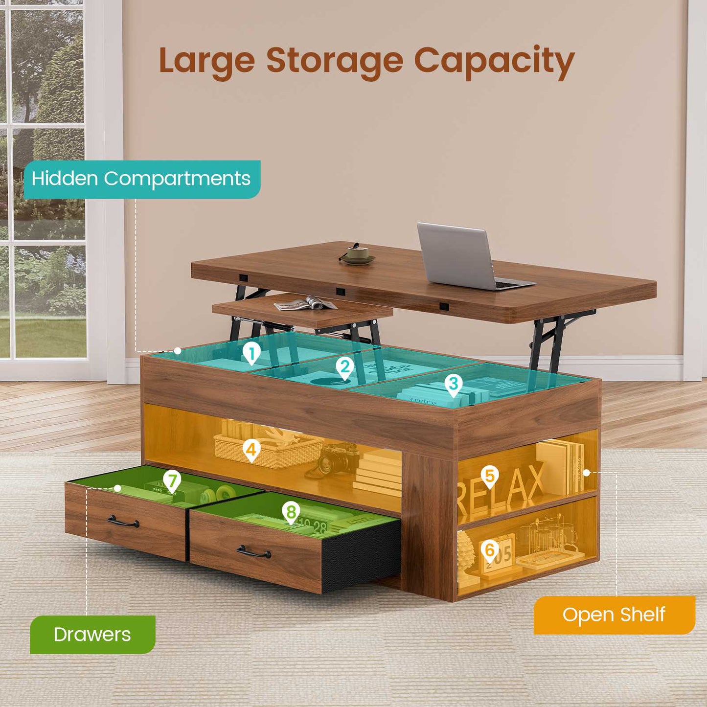 Itaar | Lift Top Coffee Table 4 in 1 Coffee Tables with Storage and Hidden Compartment Farmhouse Coffee Table with 2 Fabric Drawers LED Light