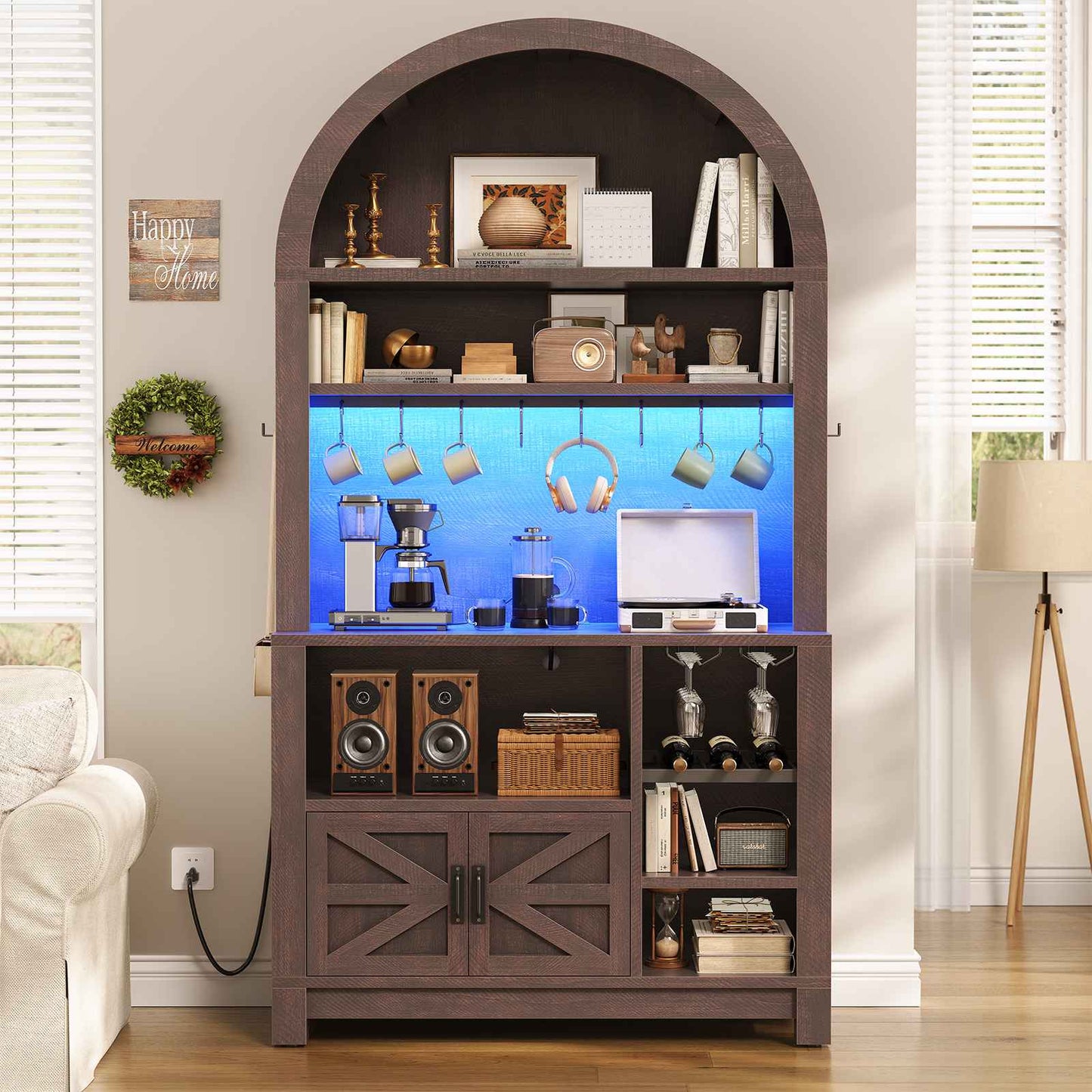 Itaar | 73 Inch Tall Arched Bakers Rack with Power Outlet and LED Light Farmhouse Coffee Bar Cabinet Kitchen Microwave Stand with Storage