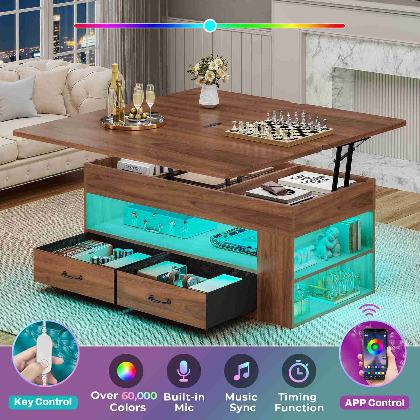 Itaar | Lift Top Coffee Table 4 in 1 Coffee Tables with Storage and Hidden Compartment Farmhouse Coffee Table with 2 Fabric Drawers LED Light