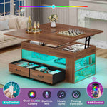 Itaar | Lift Top Coffee Table 4 in 1 Coffee Tables with Storage and Hidden Compartment Farmhouse Coffee Table with 2 Fabric Drawers LED Light