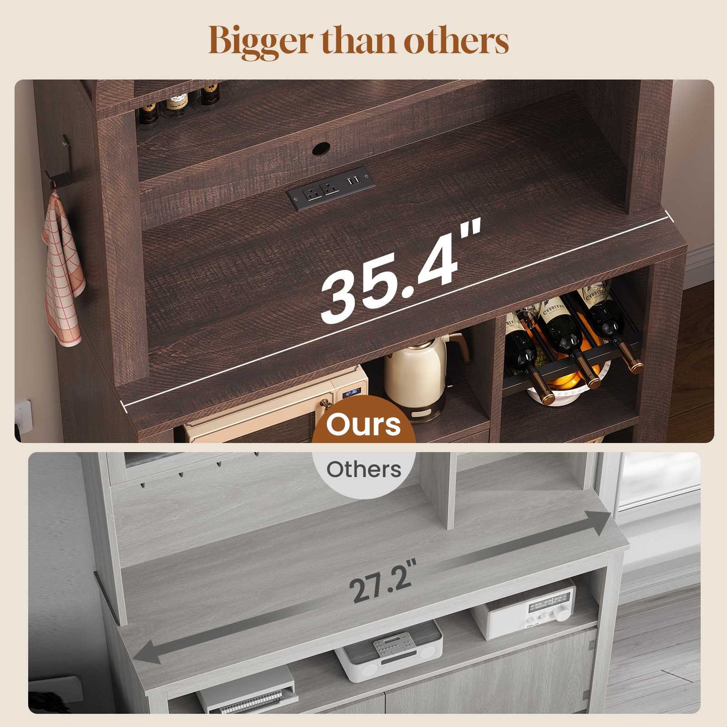 Itaar | 73 Inch Tall Arched Bakers Rack with Power Outlet and LED Light Farmhouse Coffee Bar Cabinet Kitchen Microwave Stand with Storage