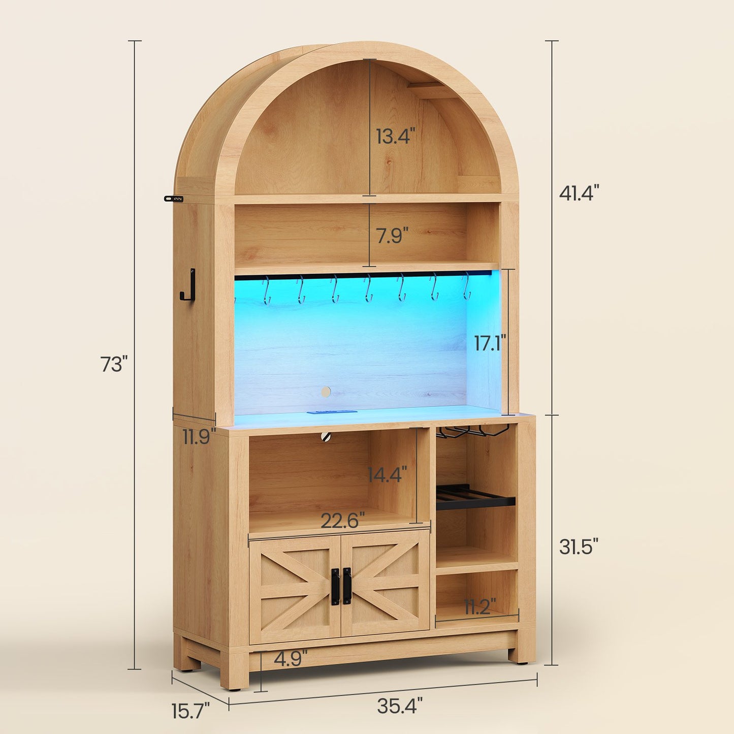 Itaar | 73 Inch Tall Arched Bakers Rack with Power Outlet and LED Light Farmhouse Coffee Bar Cabinet Kitchen Microwave Stand with Storage