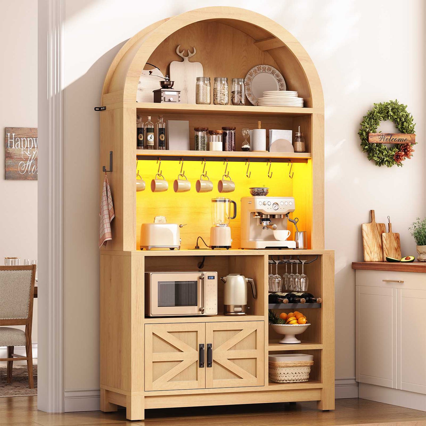 Itaar | 73 Inch Tall Arched Bakers Rack with Power Outlet and LED Light Farmhouse Coffee Bar Cabinet Kitchen Microwave Stand with Storage