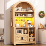 Itaar | 73 Inch Tall Arched Bakers Rack with Power Outlet and LED Light Farmhouse Coffee Bar Cabinet Kitchen Microwave Stand with Storage
