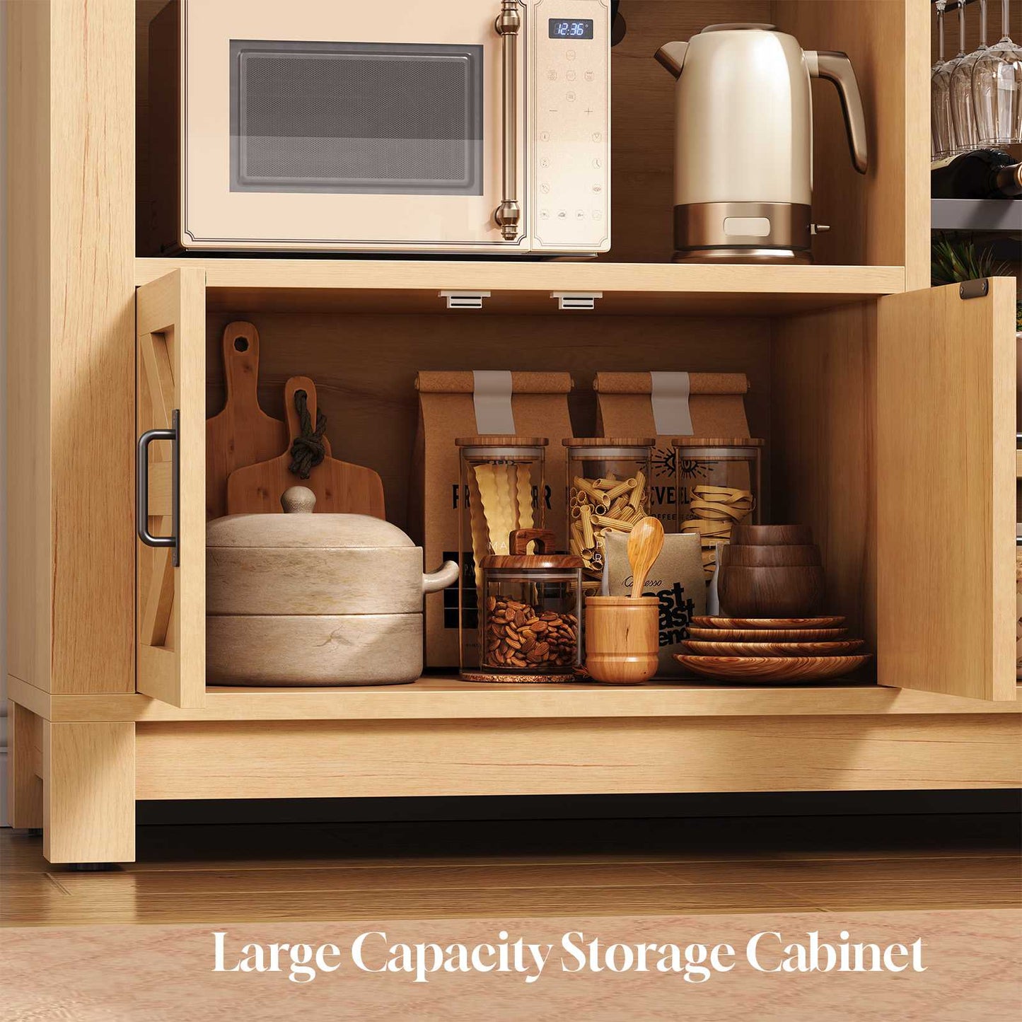 Itaar | 73 Inch Tall Arched Bakers Rack with Power Outlet and LED Light Farmhouse Coffee Bar Cabinet Kitchen Microwave Stand with Storage