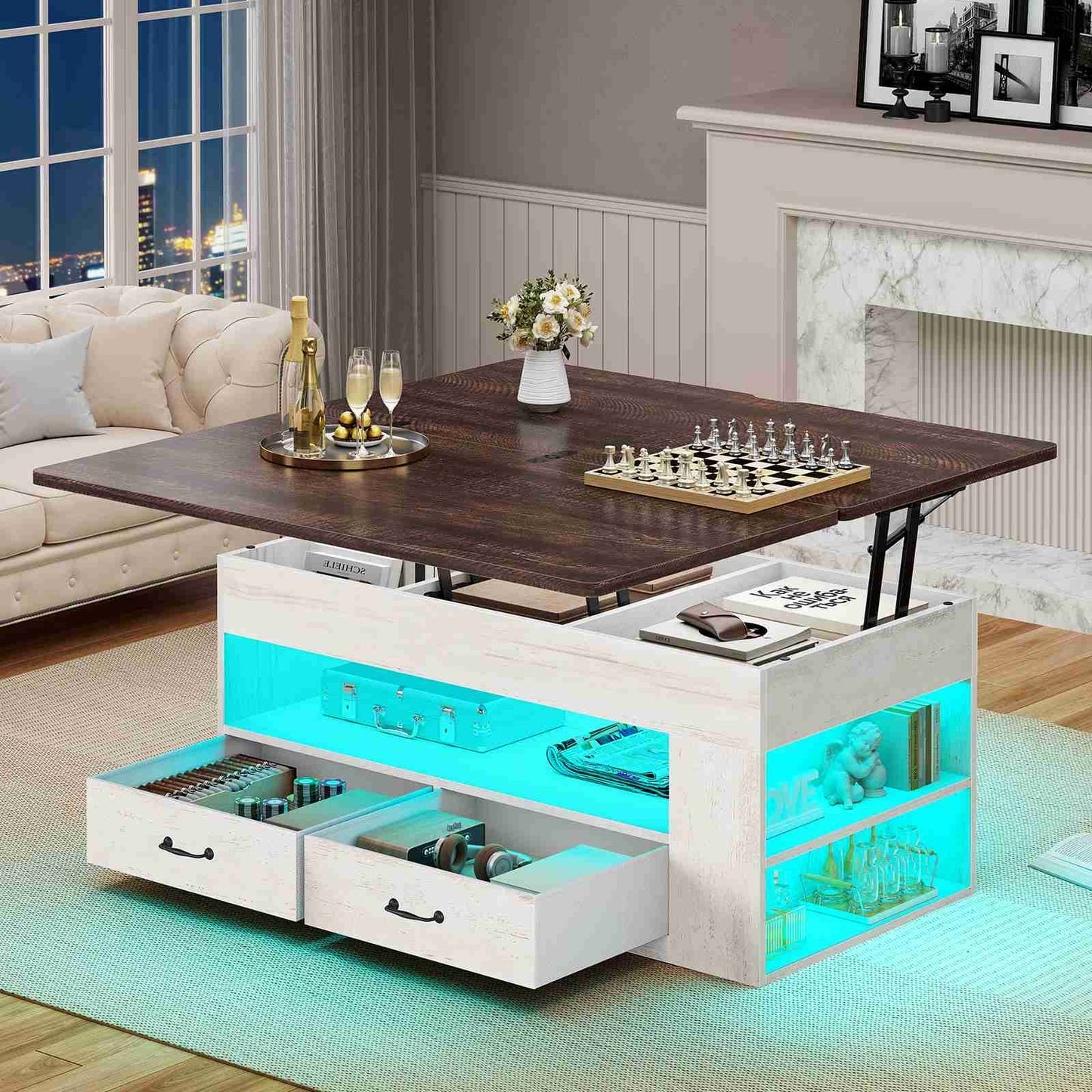 Itaar | Lift Top Coffee Table 4 in 1 Coffee Tables with Storage and Hidden Compartment Farmhouse Coffee Table with 2 Fabric Drawers LED Light