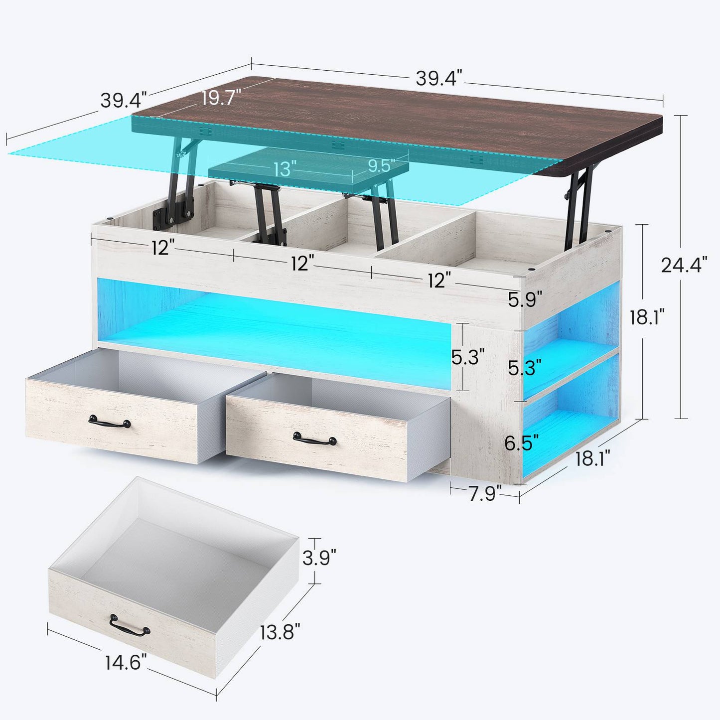 Itaar | Lift Top Coffee Table 4 in 1 Coffee Tables with Storage and Hidden Compartment Farmhouse Coffee Table with 2 Fabric Drawers LED Light