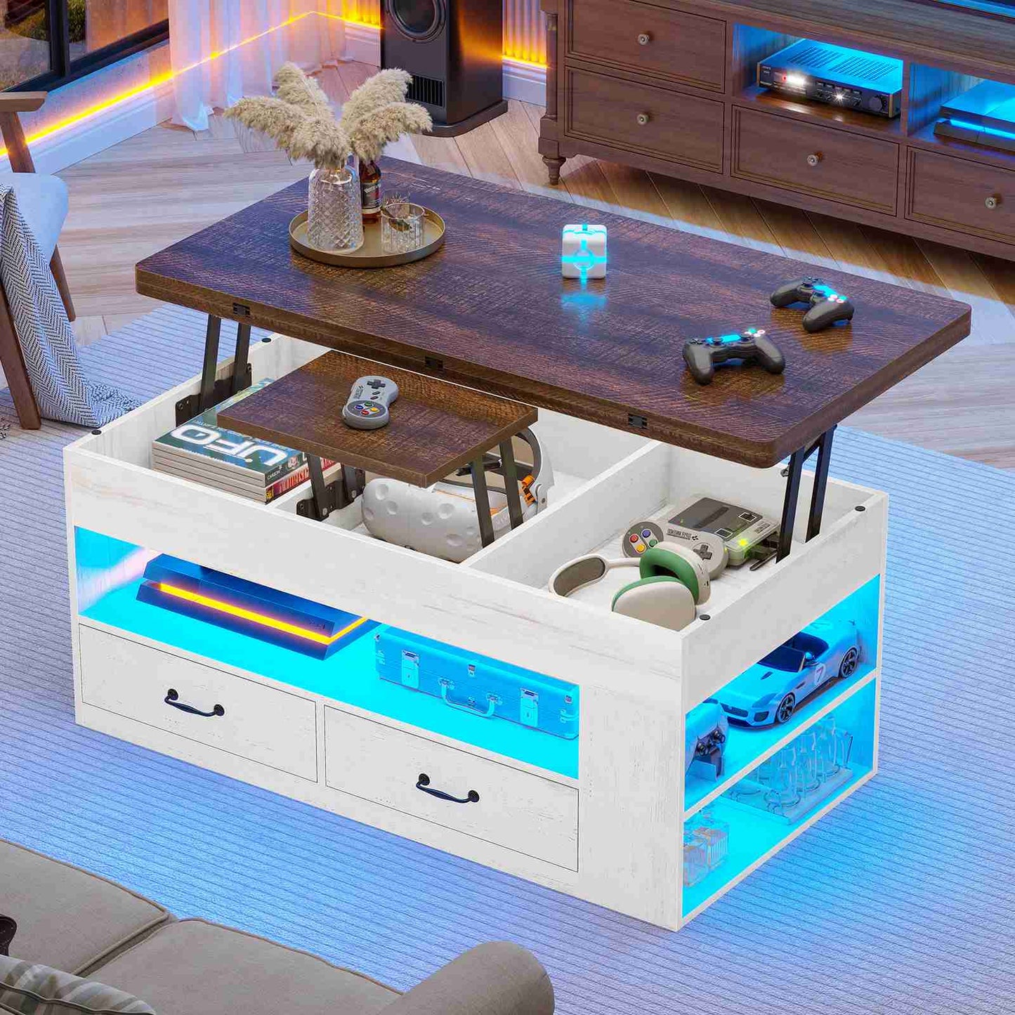 Itaar | Lift Top Coffee Table 4 in 1 Coffee Tables with Storage and Hidden Compartment Farmhouse Coffee Table with 2 Fabric Drawers LED Light