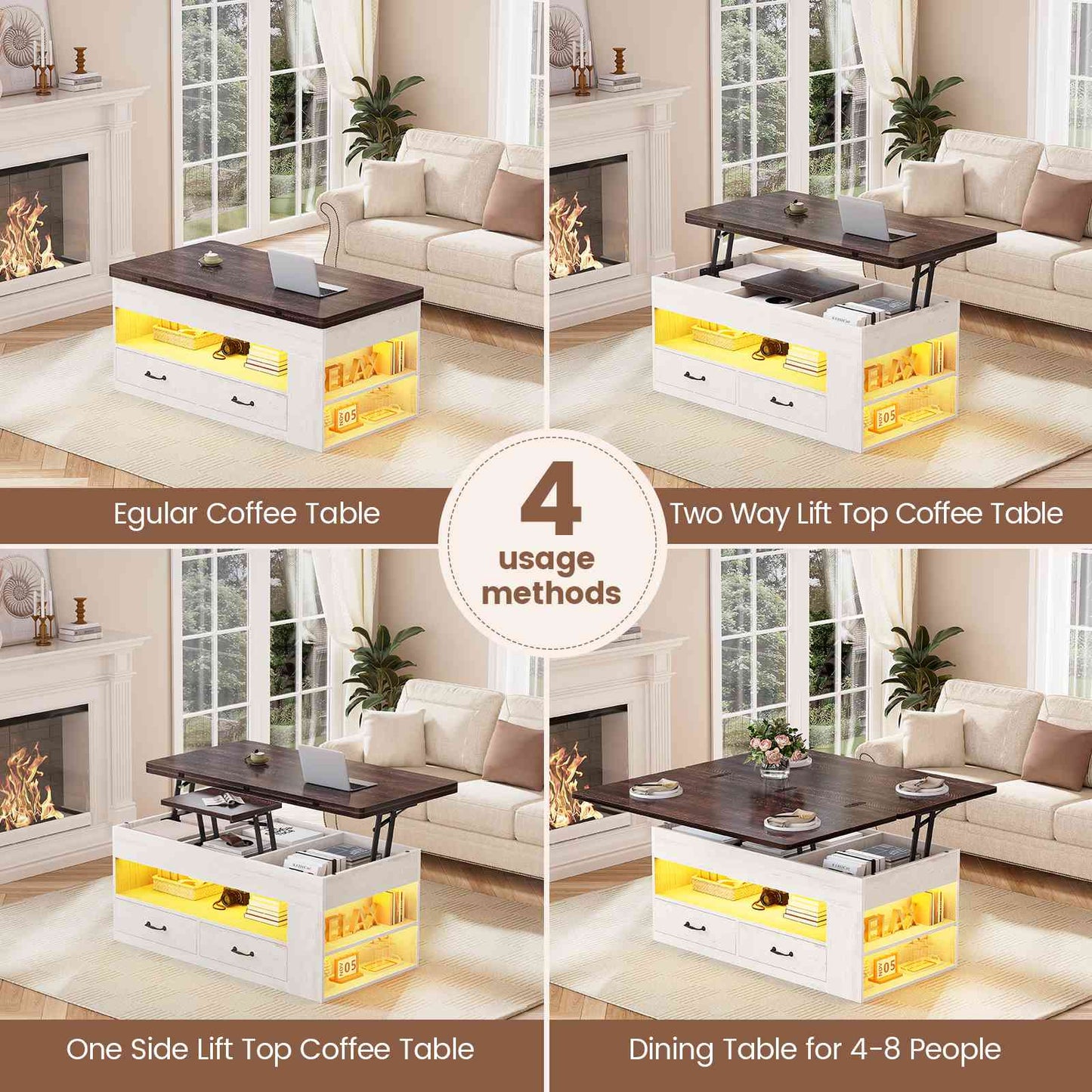 Itaar | Lift Top Coffee Table 4 in 1 Coffee Tables with Storage and Hidden Compartment Farmhouse Coffee Table with 2 Fabric Drawers LED Light