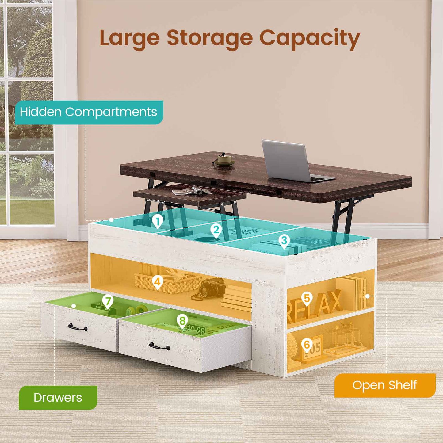 Itaar | Lift Top Coffee Table 4 in 1 Coffee Tables with Storage and Hidden Compartment Farmhouse Coffee Table with 2 Fabric Drawers LED Light